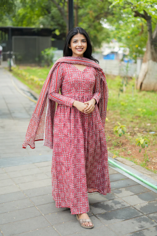 Women's Elegant Red Block Print Anarkali Dress