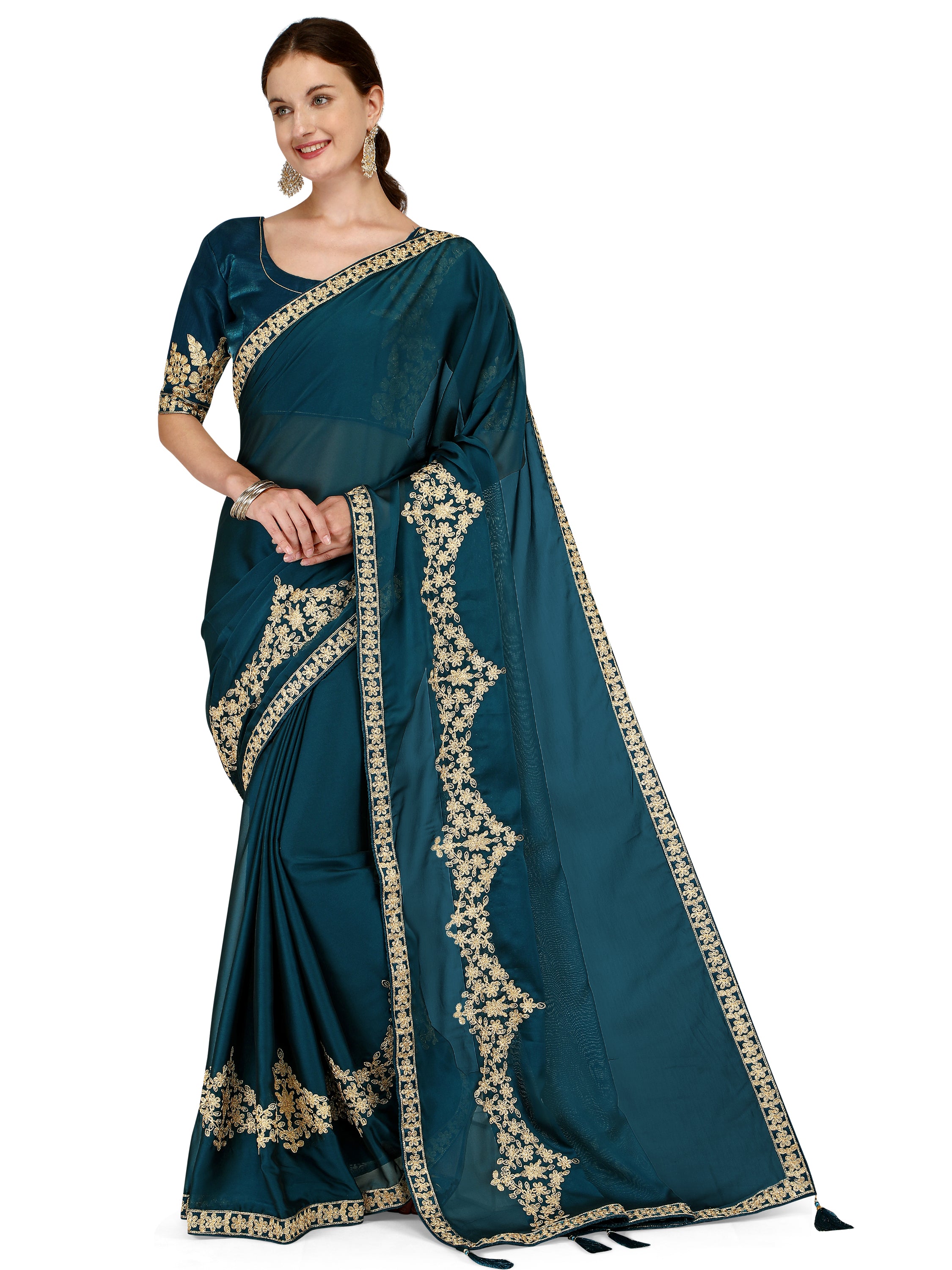 Women's Ahir Embroidery Work Border Silk Saree With Blouse Piece (Blue) - NIMIDHYA