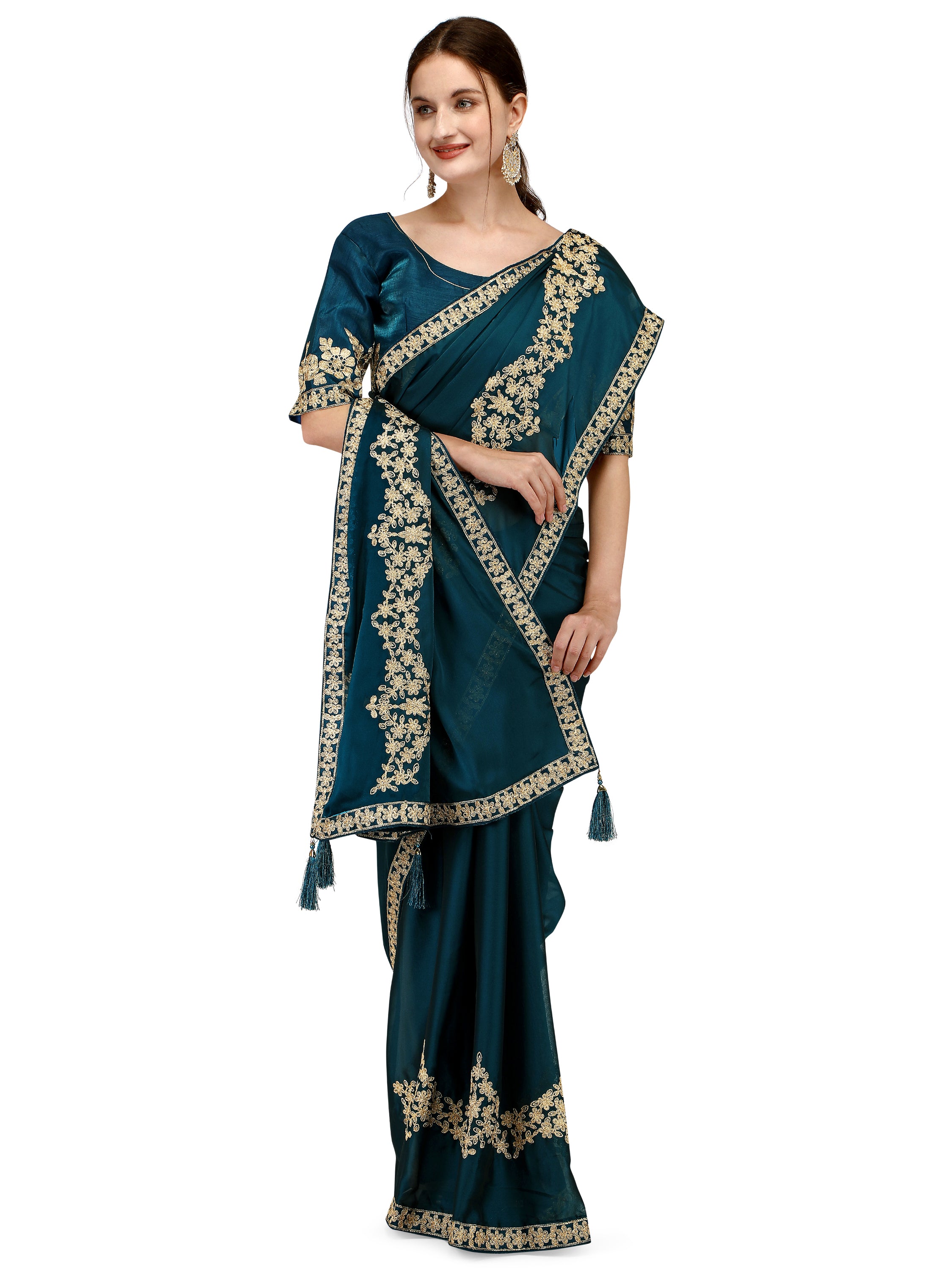 Women's Ahir Embroidery Work Border Silk Saree With Blouse Piece (Blue) - NIMIDHYA