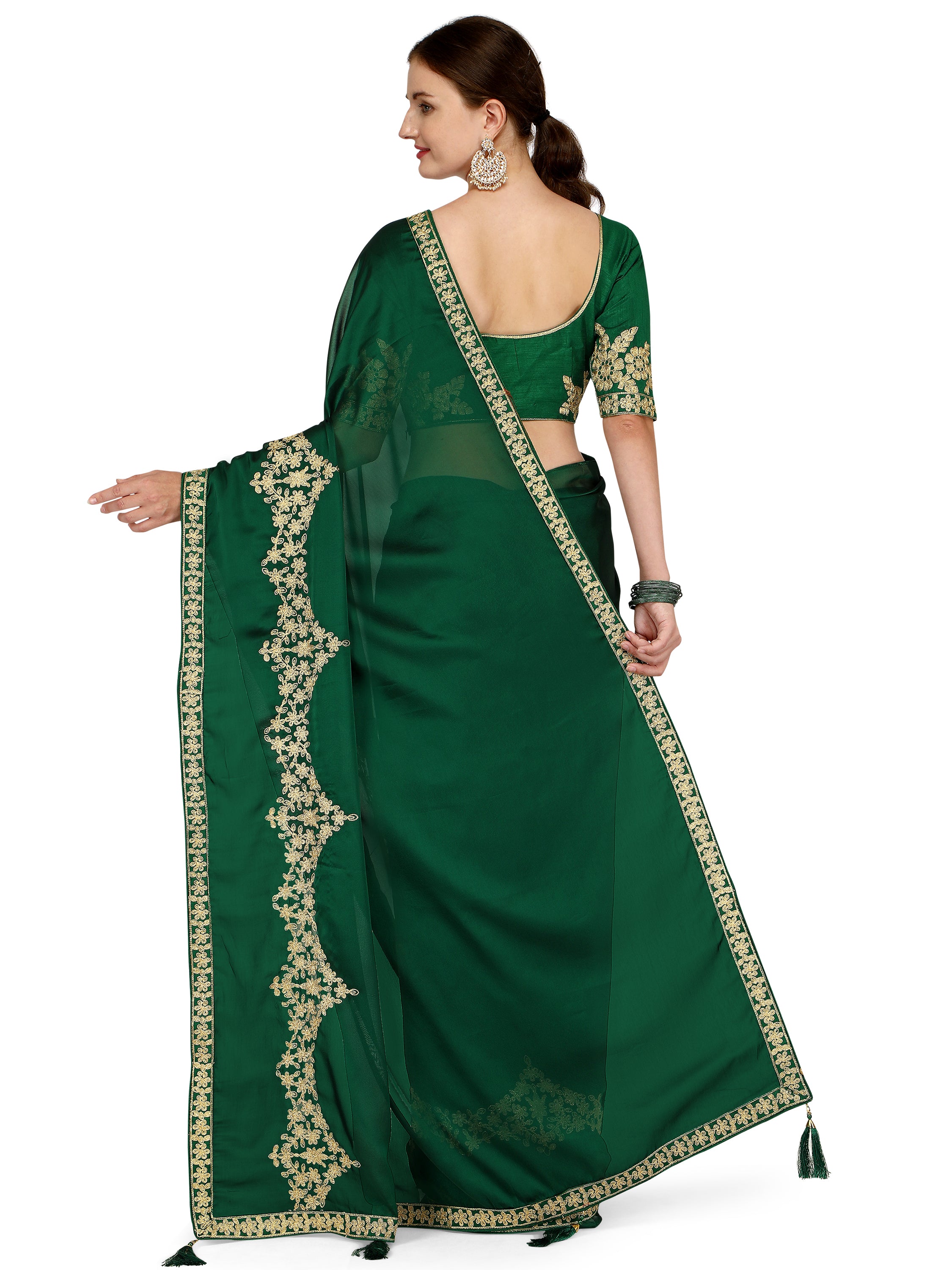 Women's Ahir Embroidery Work Border Silk Saree With Blouse Piece (Green) - NIMIDHYA
