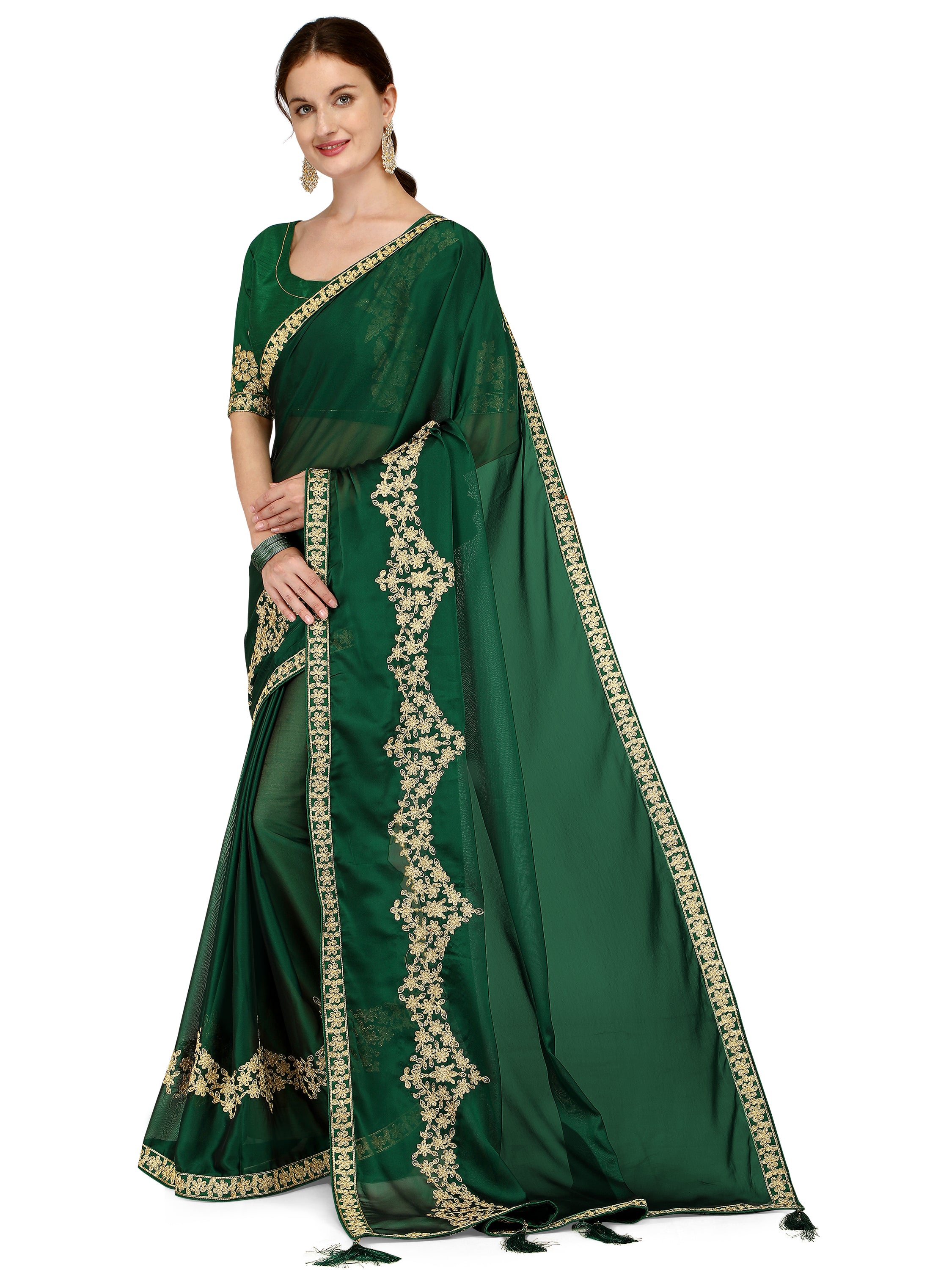 Women's Ahir Embroidery Work Border Silk Saree With Blouse Piece (Green) - NIMIDHYA