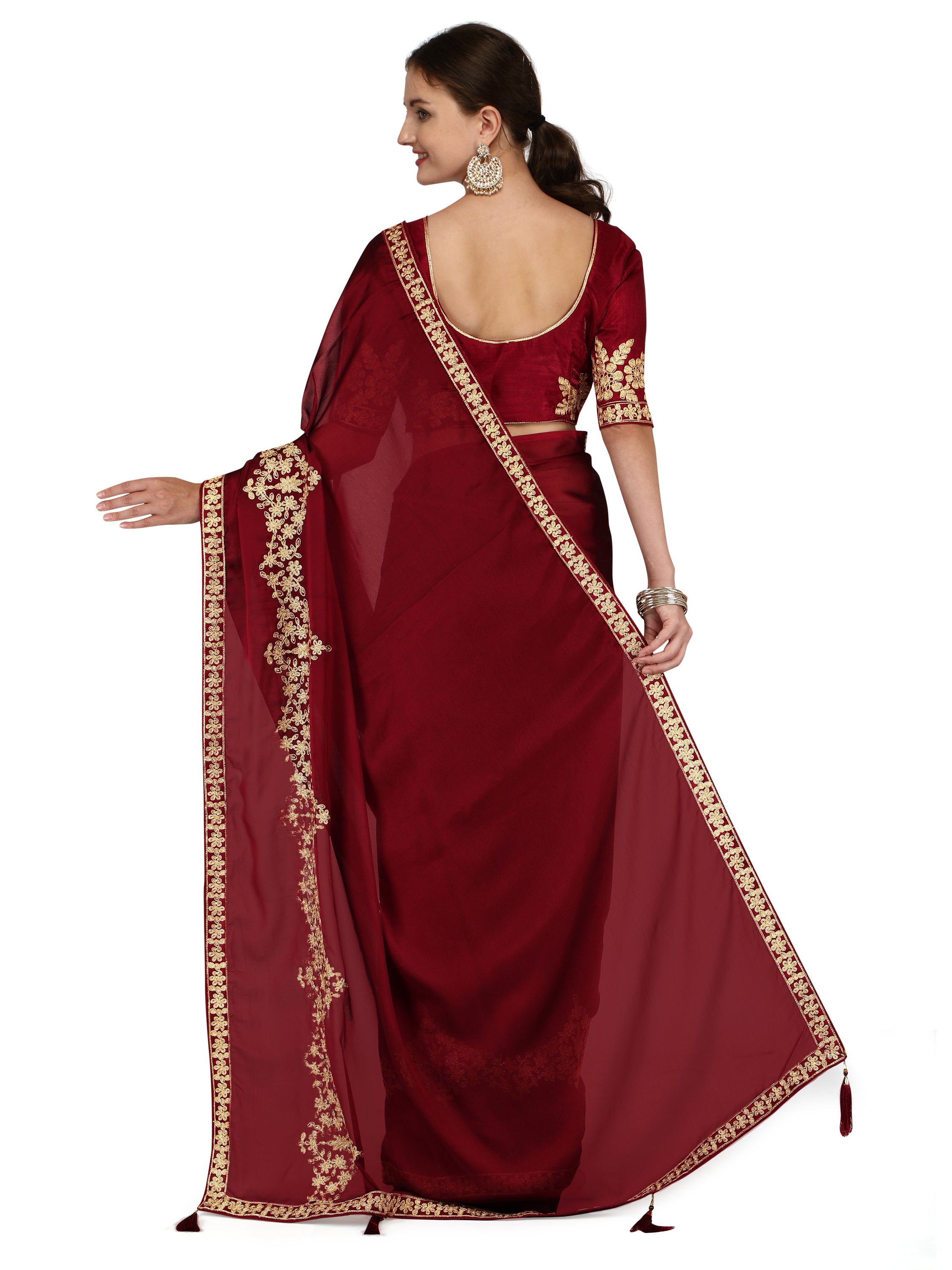 Women's Ahir Embroidery Work Border Silk Saree With Blouse Piece (Maroon) - NIMIDHYA