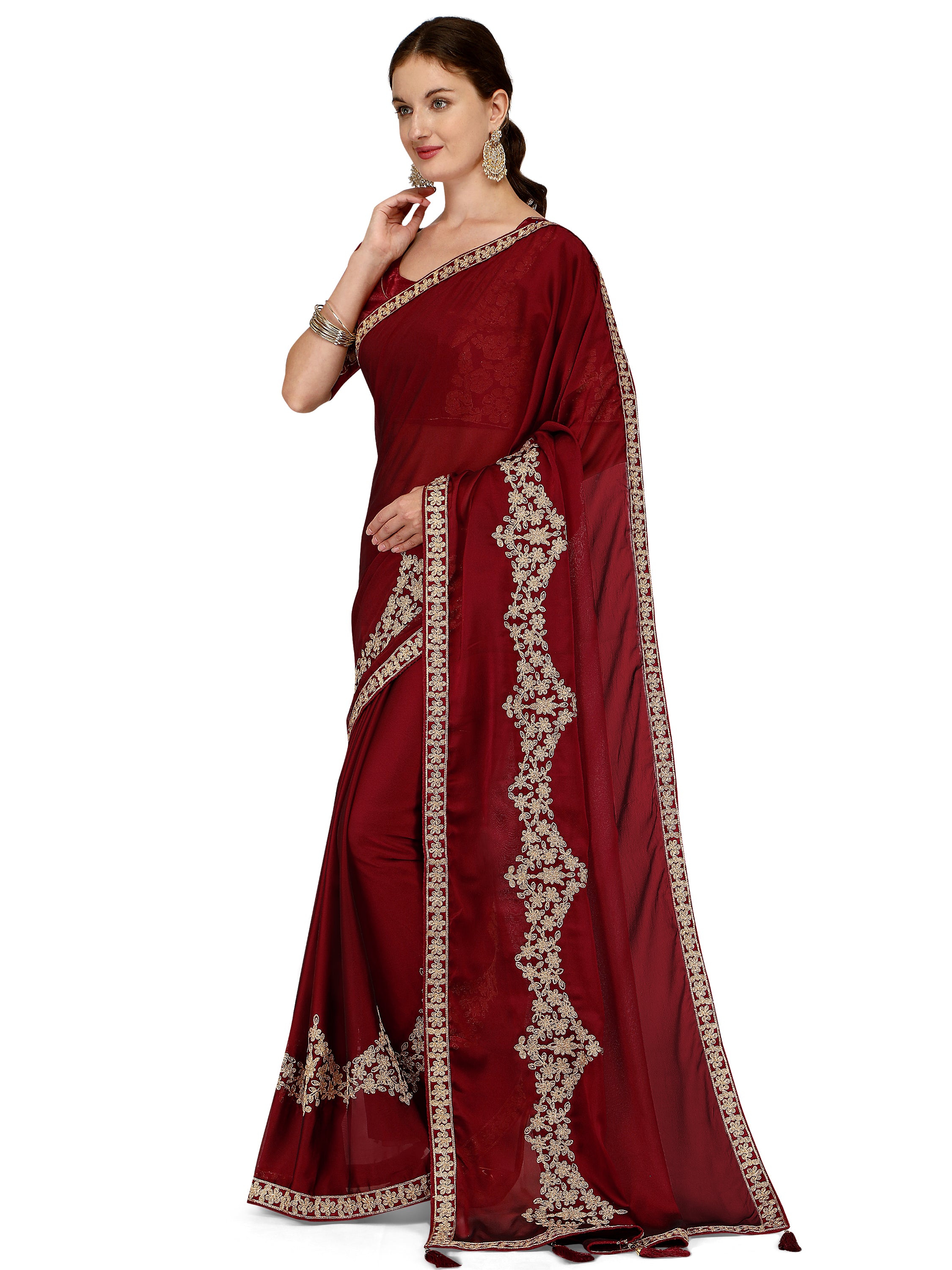 Women's Ahir Embroidery Work Border Silk Saree With Blouse Piece (Maroon) - NIMIDHYA
