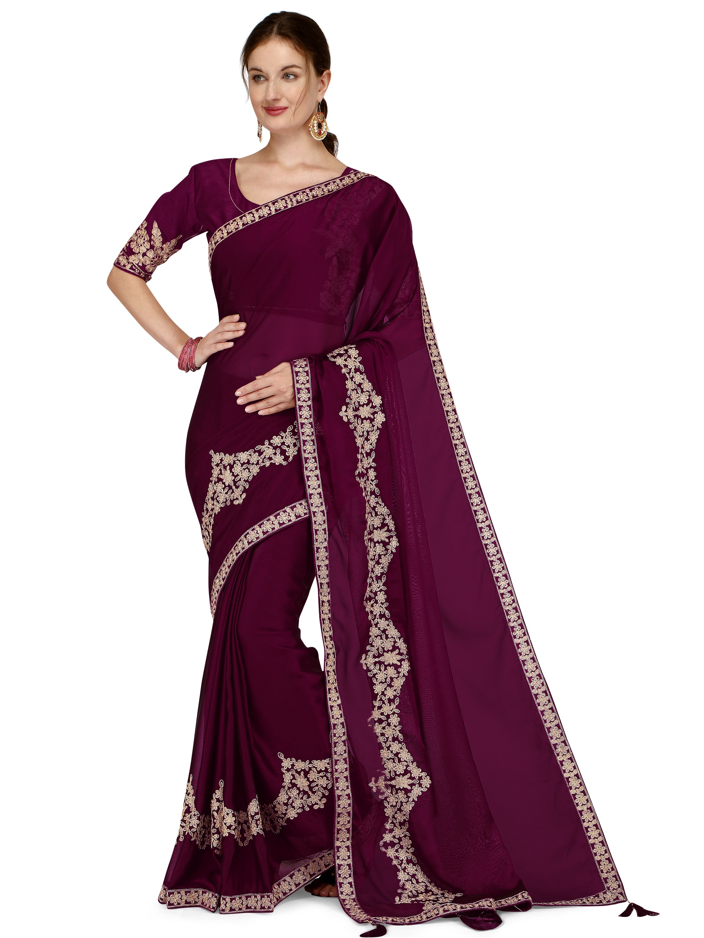 Women's Ahir Embroidery Work Border Silk Saree With Blouse Piece (Purple) - NIMIDHYA