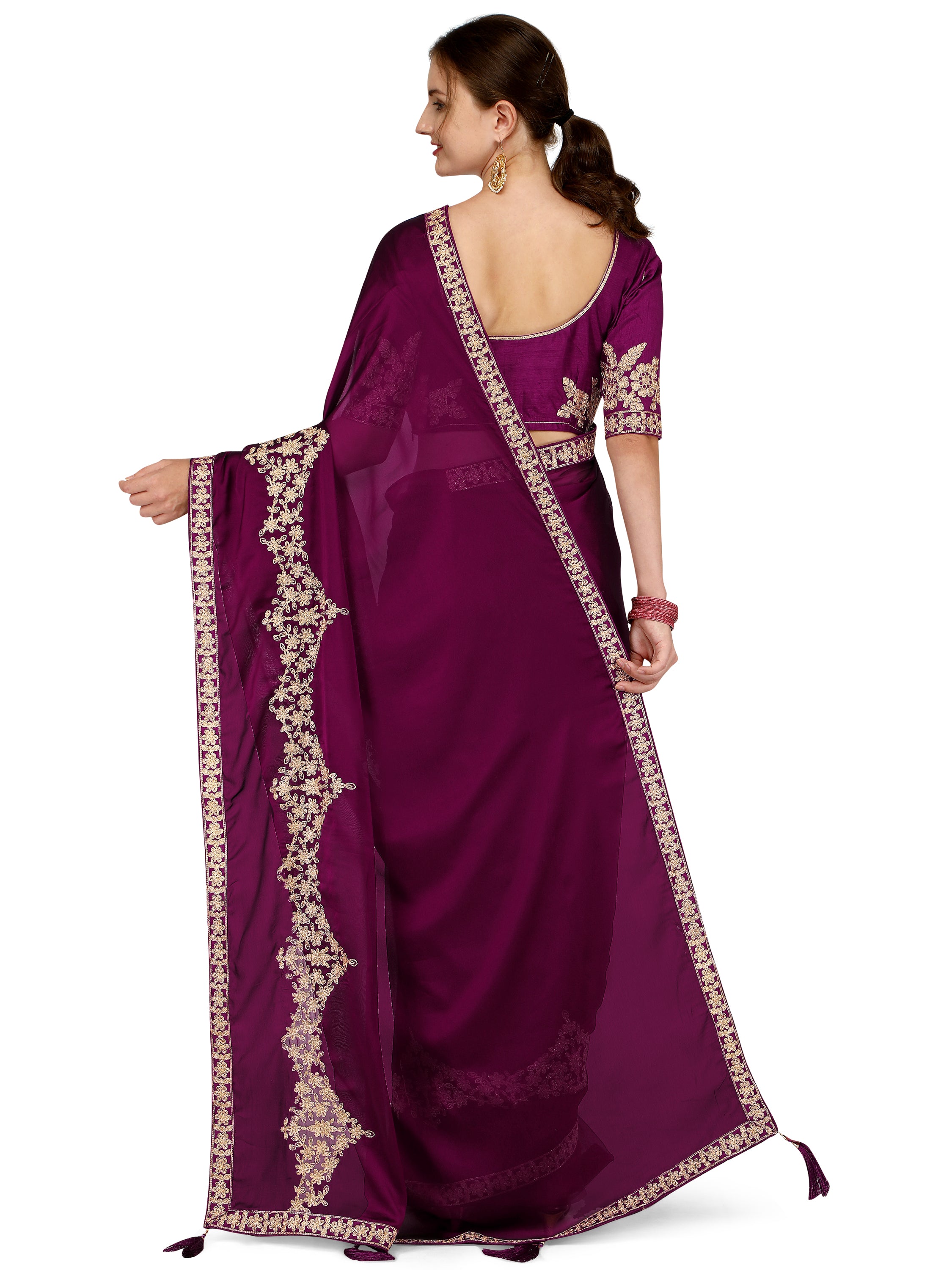 Women's Ahir Embroidery Work Border Silk Saree With Blouse Piece (Purple) - NIMIDHYA