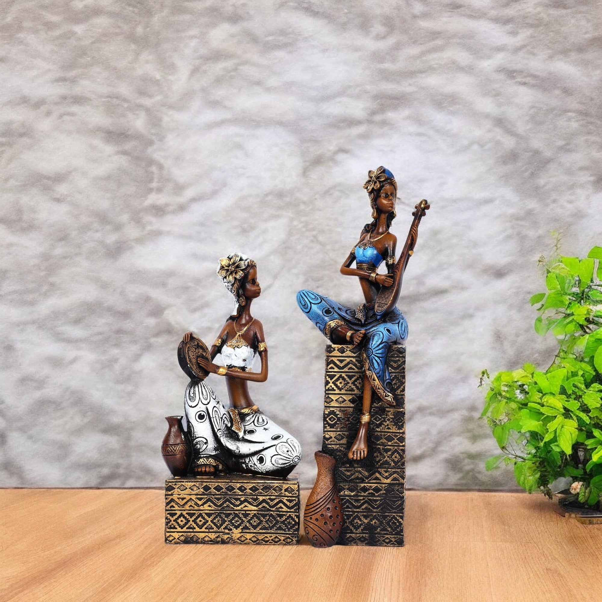 African Musician Figurines for Home Décor—Set of 2—Blue and White