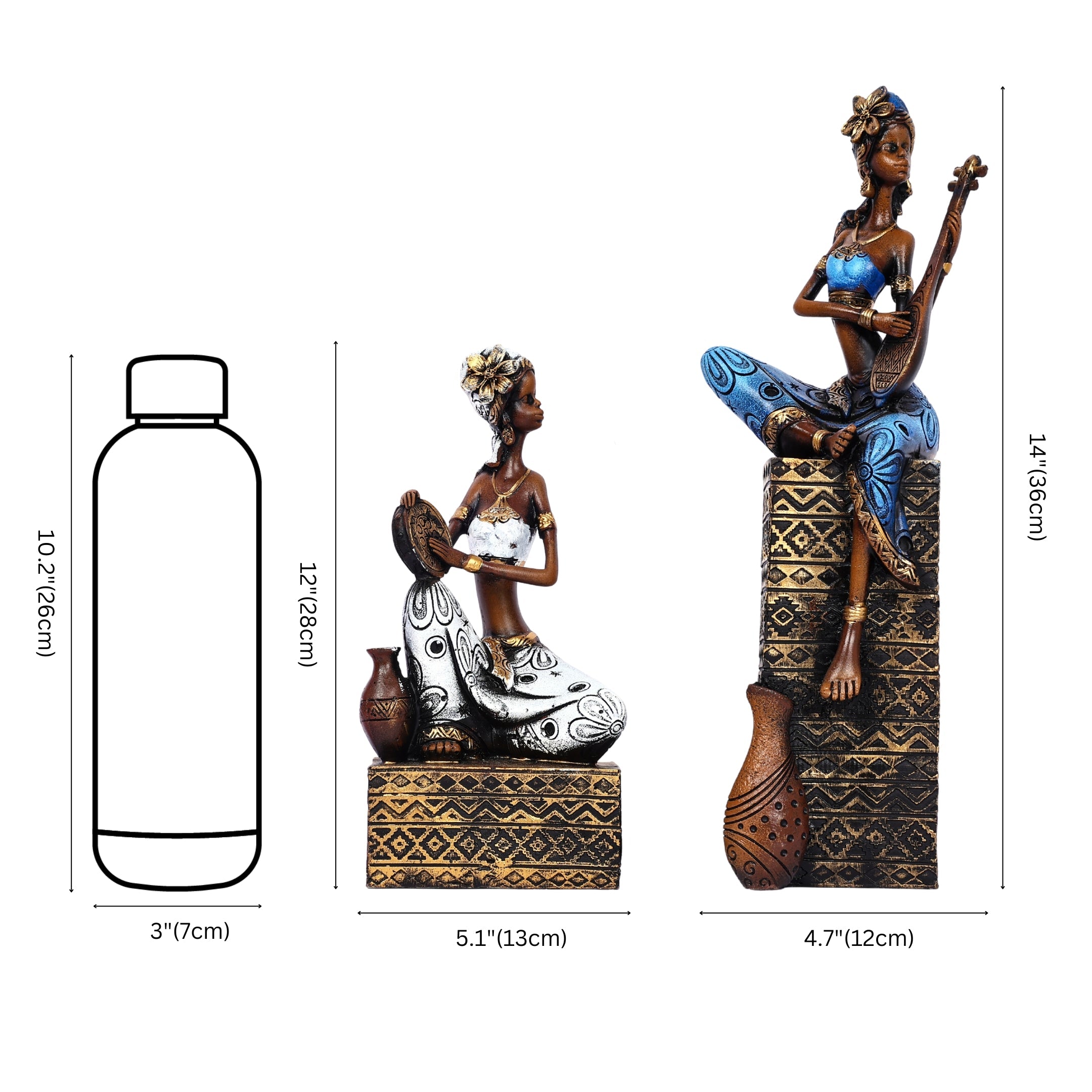 African Musician Figurines for Home Décor—Set of 2—Blue and White