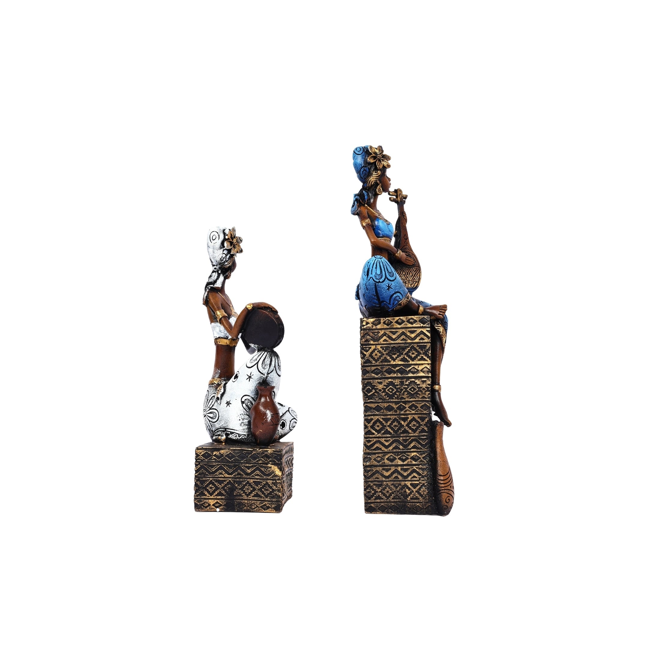 African Musician Figurines for Home Décor—Set of 2—Blue and White