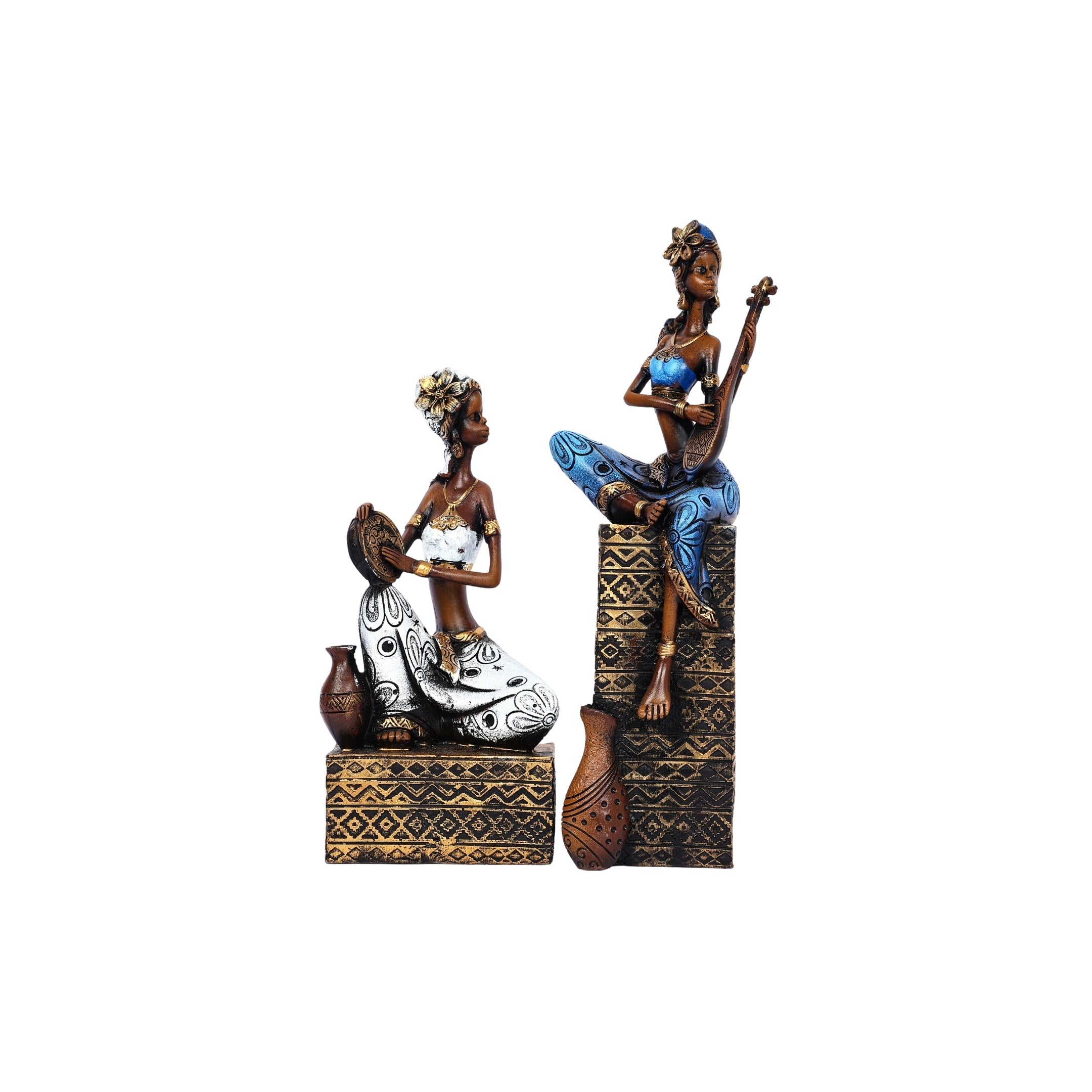 African Musician Figurines for Home Décor—Set of 2—Blue and White