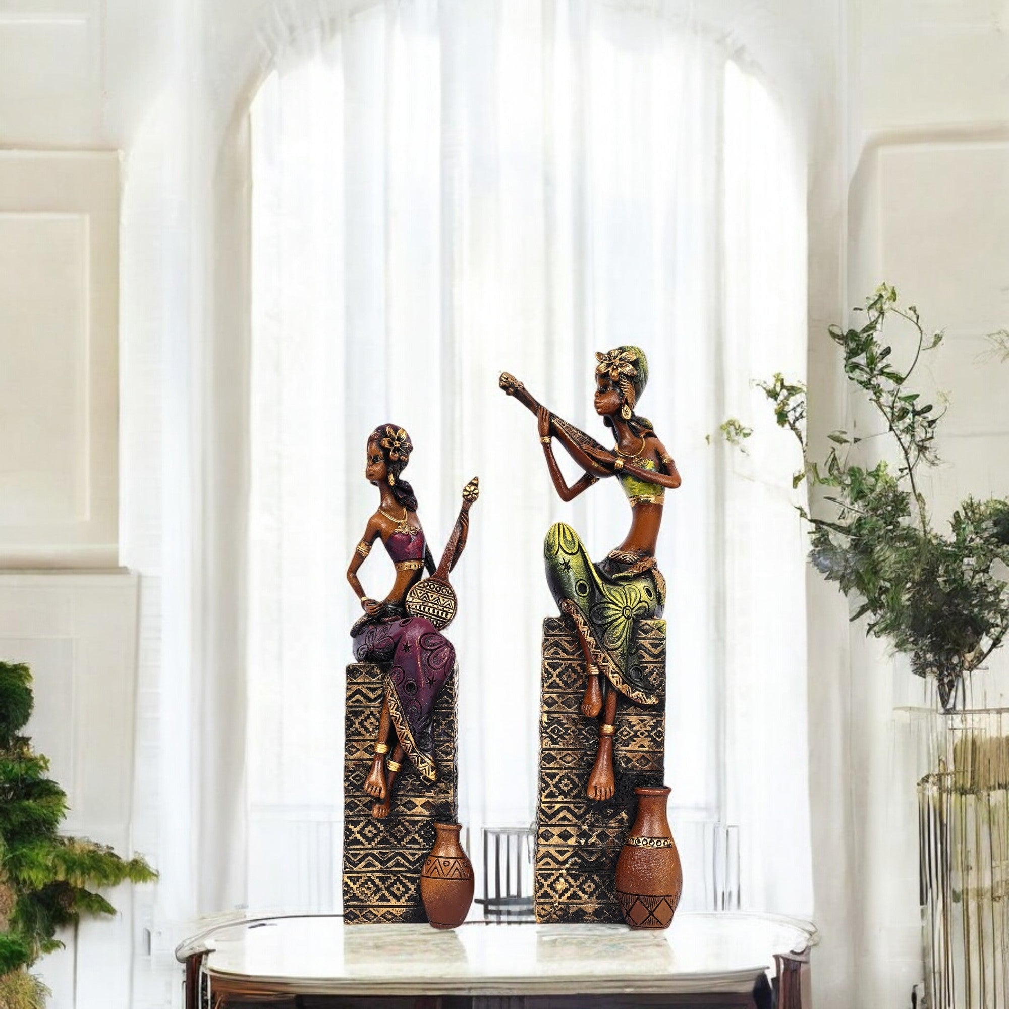 African Musician Figurines for Home Décor—Set of 2—Green and Magenta