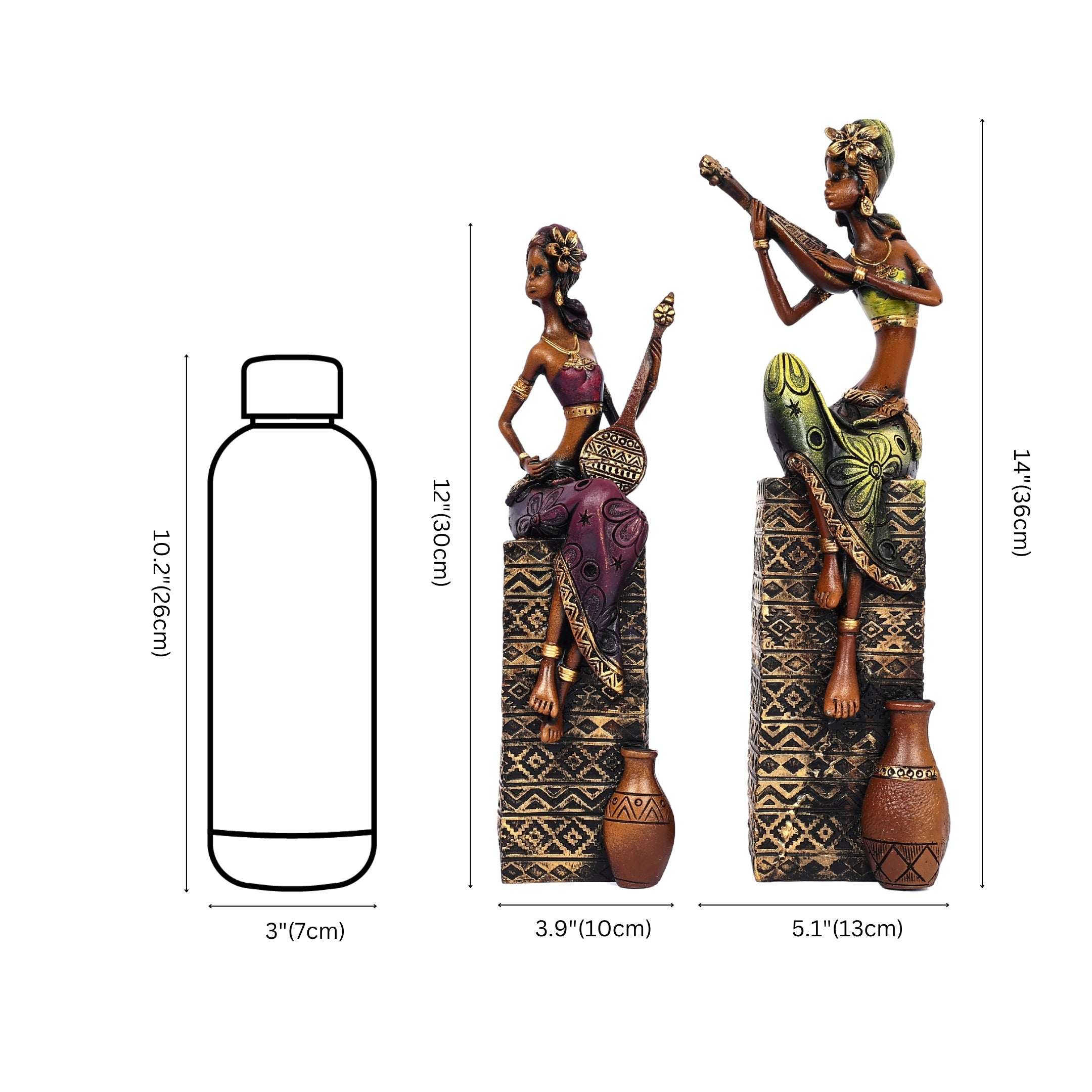 African Musician Figurines for Home Décor—Set of 2—Green and Magenta