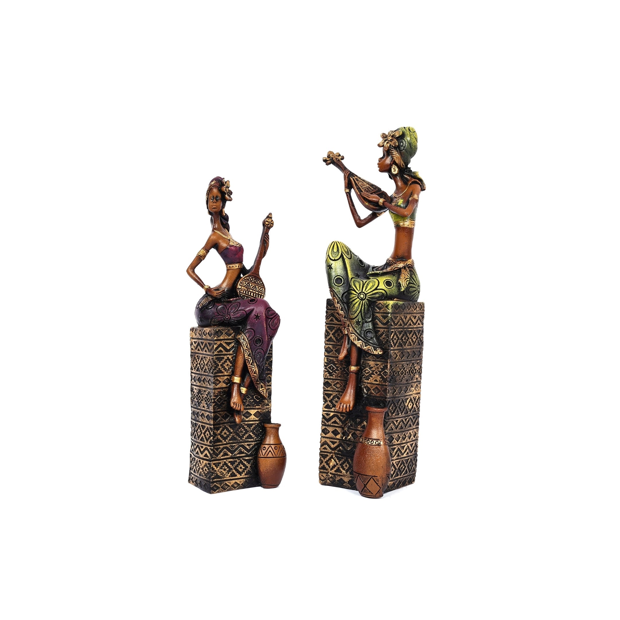 African Musician Figurines for Home Décor—Set of 2—Green and Magenta