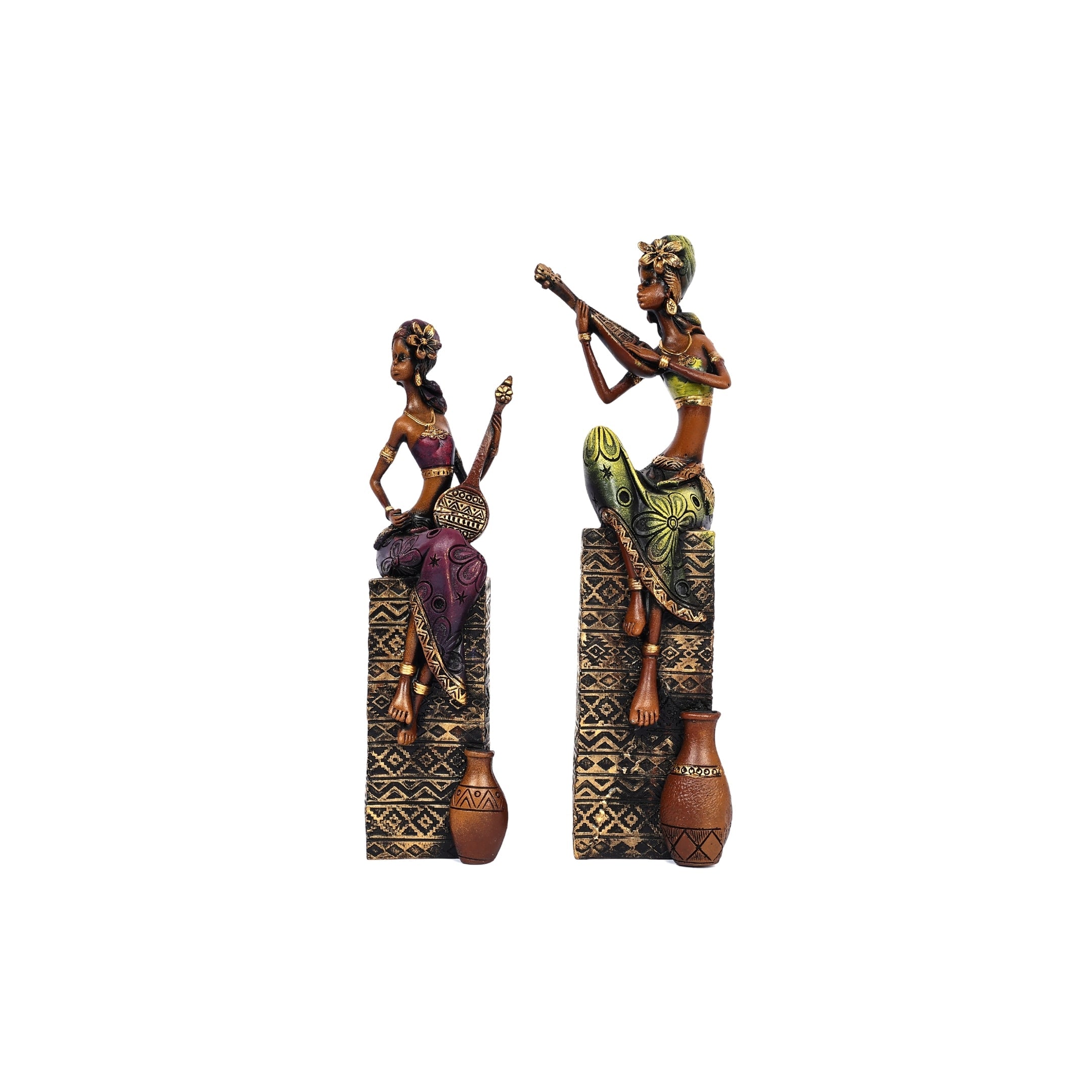 African Musician Figurines for Home Décor—Set of 2—Green and Magenta