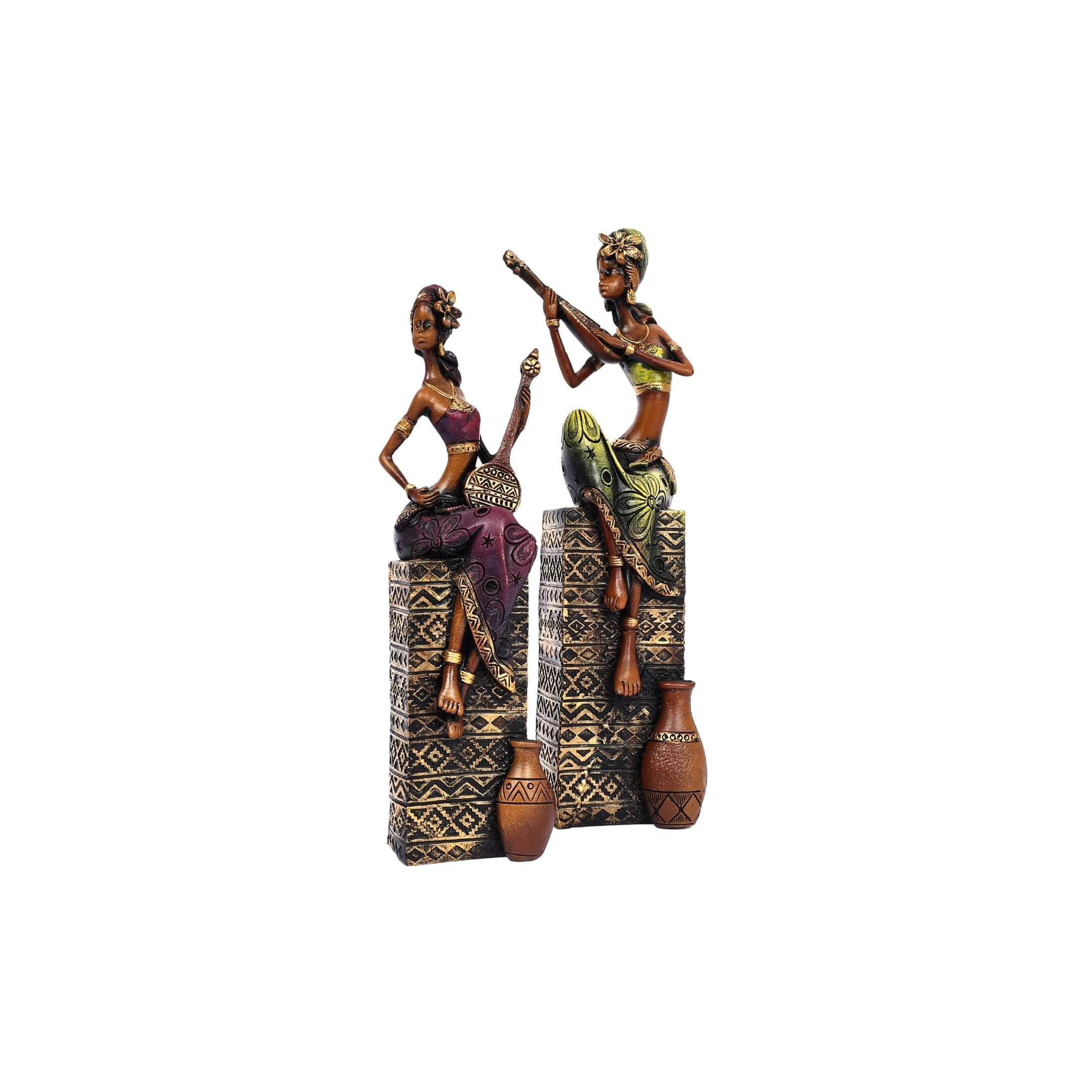 African Musician Figurines for Home Décor—Set of 2—Green and Magenta