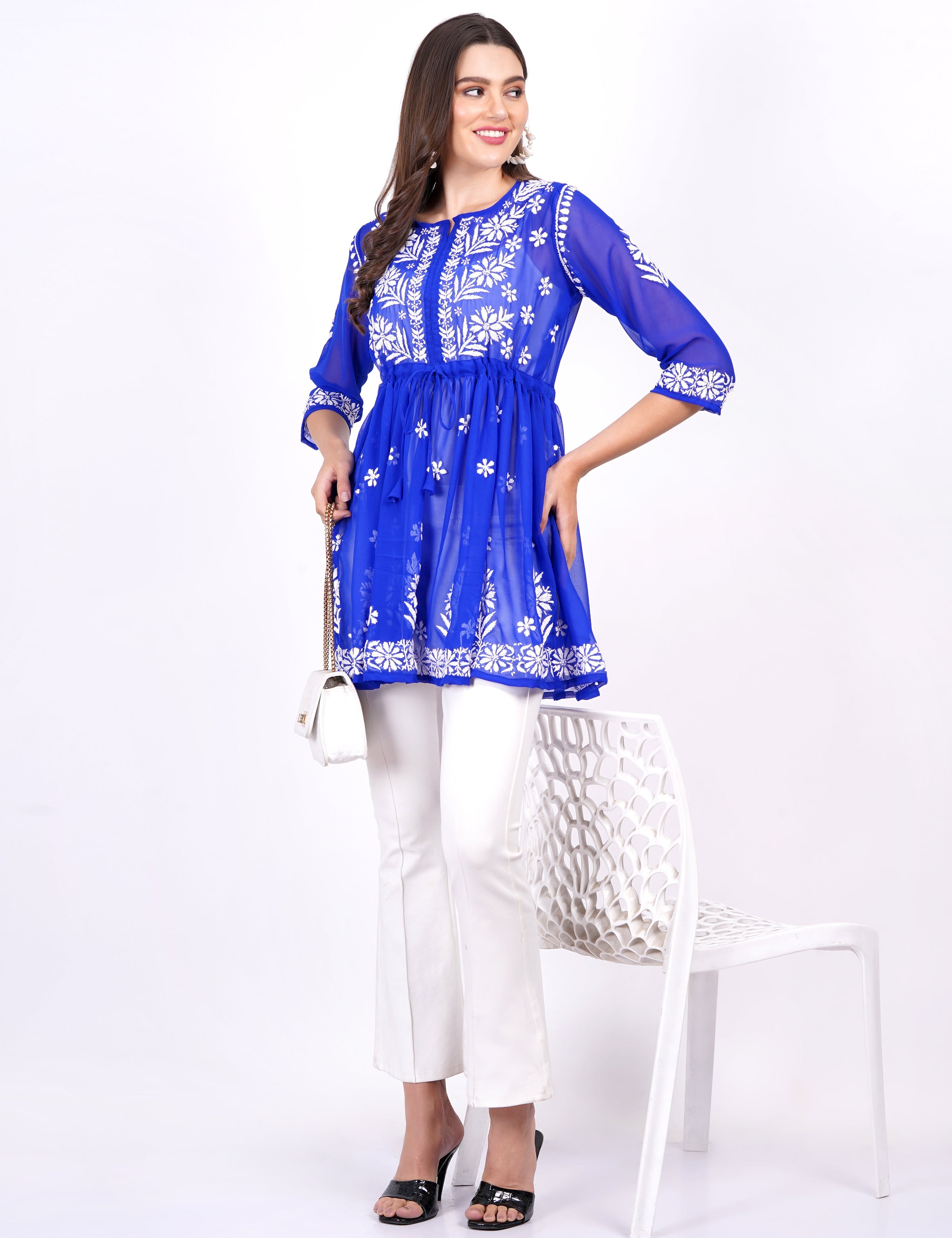 Women's Blue Georgette Chikankari Peplum Dress