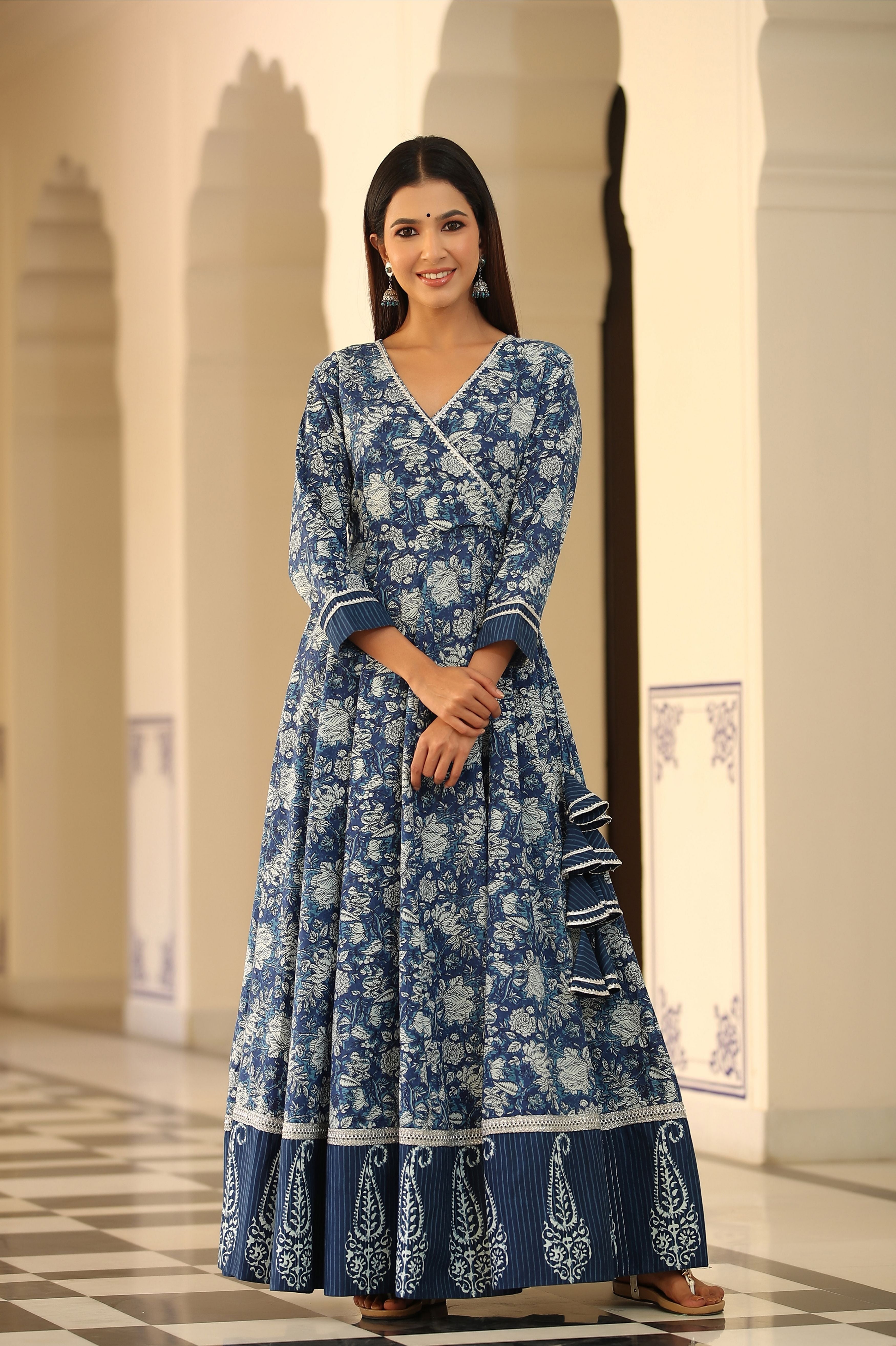 Women's Floral Indigo Angrakha Kalidar Dress-Gillori USA