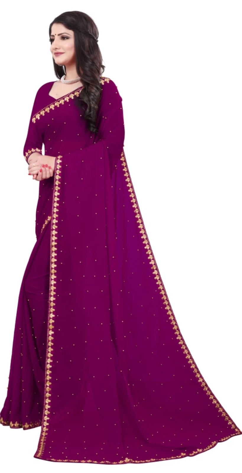 Women's Embroider Border with Placement Mirror Work Lycra Blend Saree With Blouse Piece (Purple) - NIMIDHYA