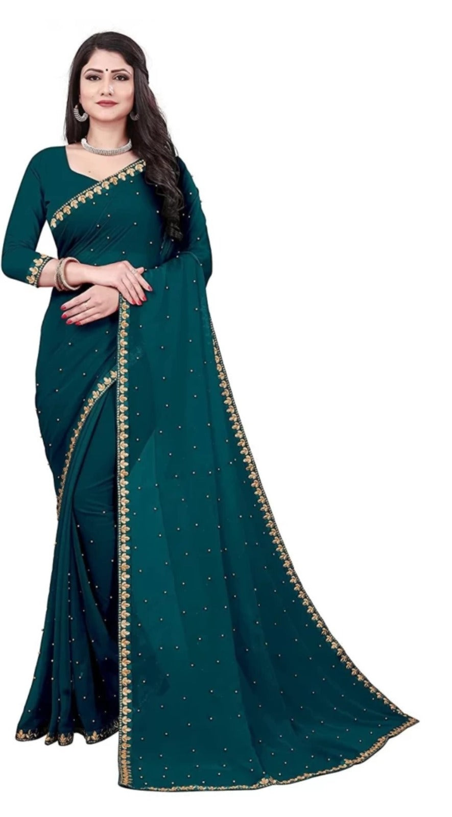 Women's Embroider Border with Placement Mirror Work Lycra Blend Saree With Blouse Piece (Petrol Blue) - NIMIDHYA
