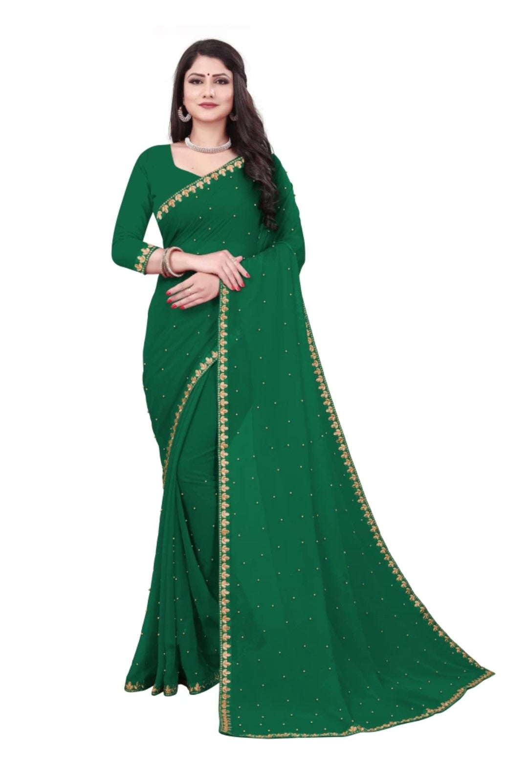 Women's Embroider Border with Placement Mirror Work Lycra Blend Saree With Blouse Piece (Green) - NIMIDHYA