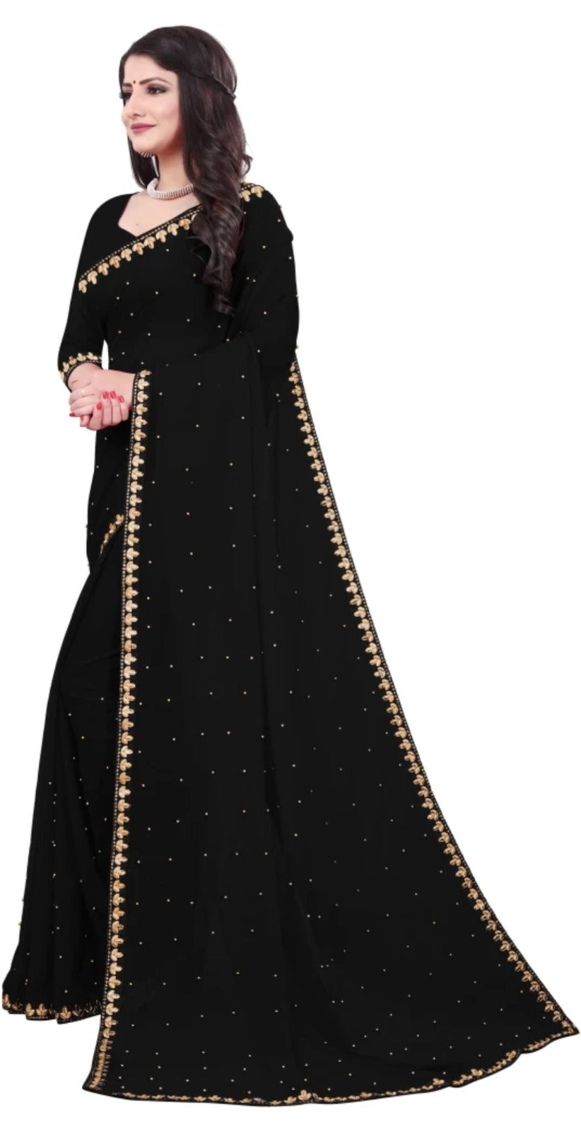 Women's Embroider Border with Placement Mirror Work Lycra Blend Saree With Blouse Piece (Black) - NIMIDHYA