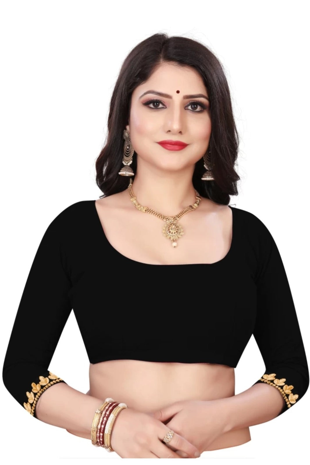 Women's Embroider Border with Placement Mirror Work Lycra Blend Saree With Blouse Piece (Black) - NIMIDHYA