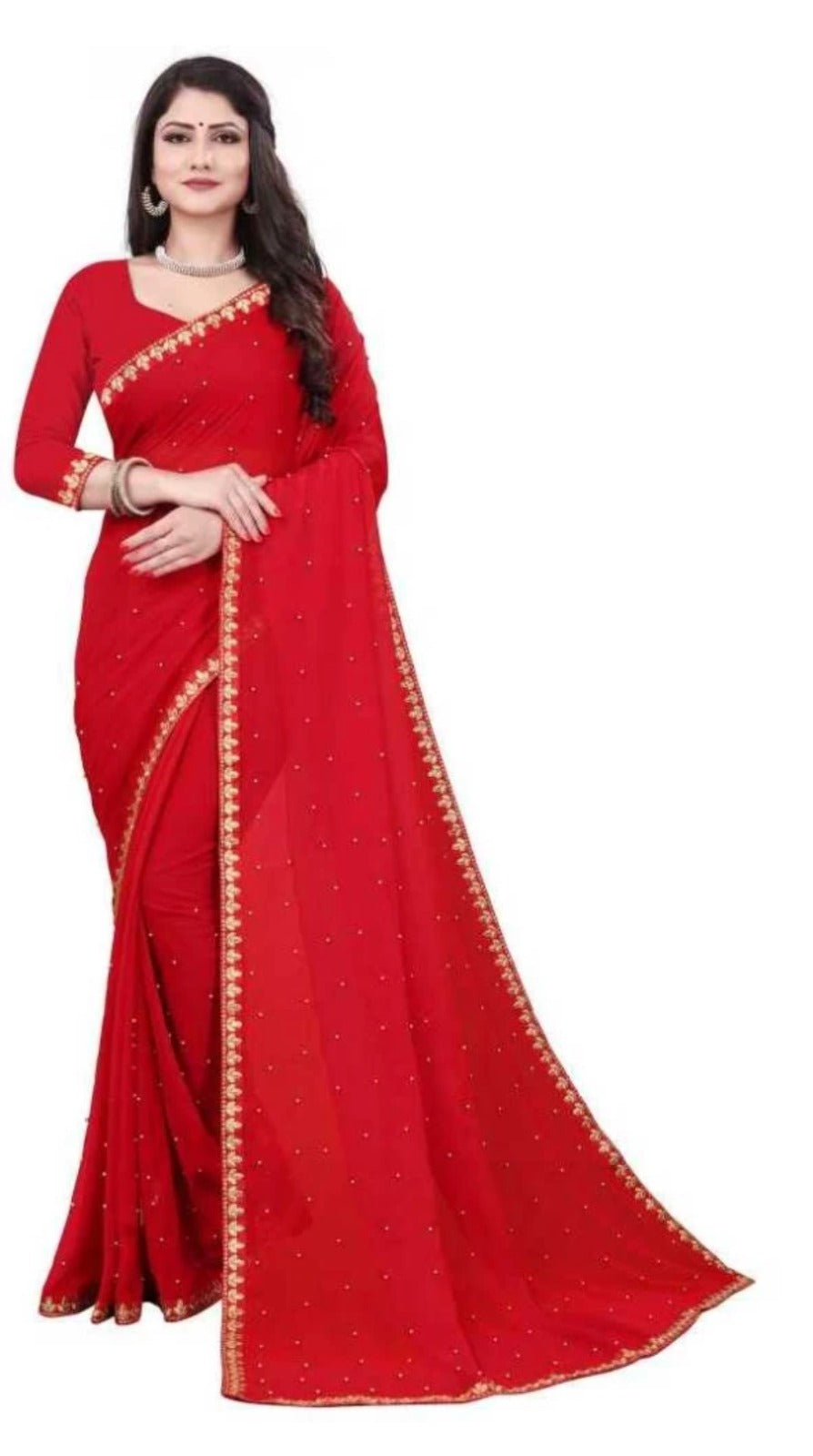 Women's Embroider Border with Placement Mirror Work Lycra Blend Saree With Blouse Piece (Red) - NIMIDHYA