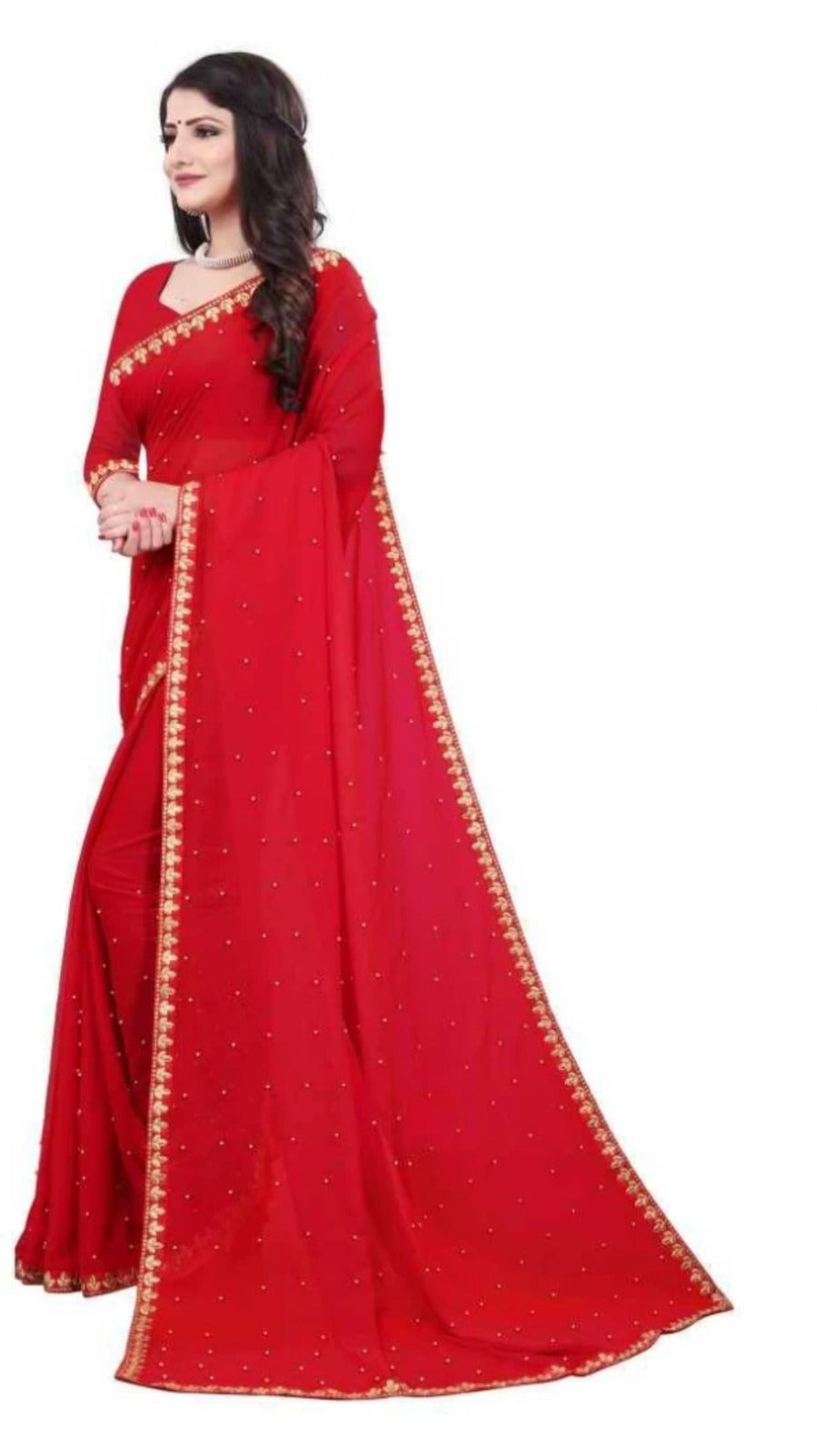 Women's Embroider Border with Placement Mirror Work Lycra Blend Saree With Blouse Piece (Red) - NIMIDHYA