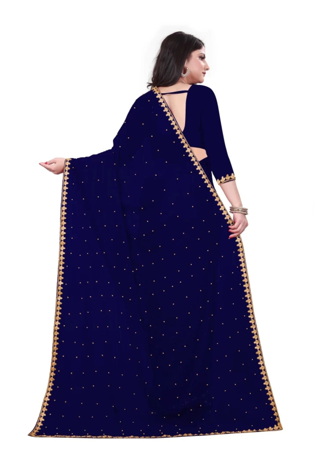 Women's Embroider Border with Placement Mirror Work Lycra Blend Saree With Blouse Piece (Navy Blue) - NIMIDHYA