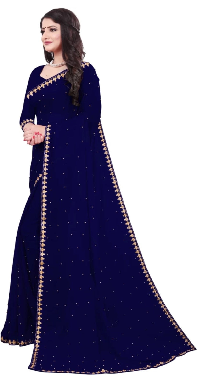 Women's Embroider Border with Placement Mirror Work Lycra Blend Saree With Blouse Piece (Navy Blue) - NIMIDHYA