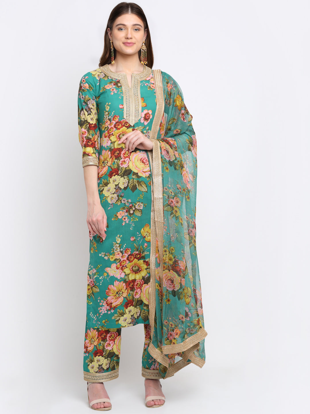 Women's Peacock Green Floral Kurti With Straight Palazzo And Dupatta