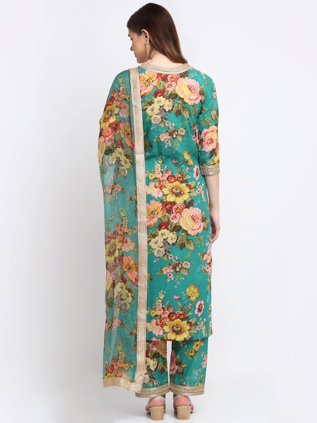 Women's Peacock Green Floral Kurti With Straight Palazzo And Dupatta