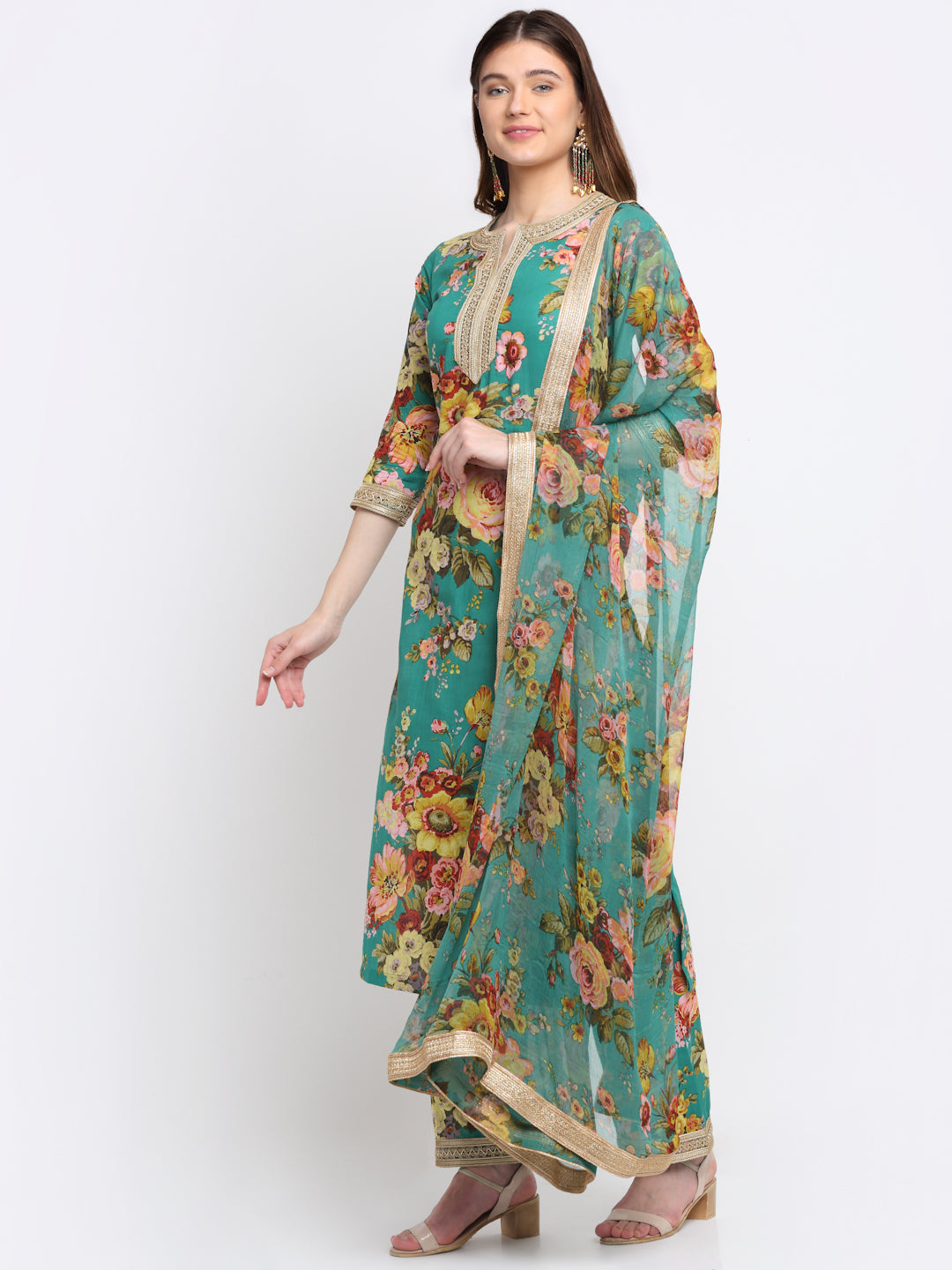 Women's Peacock Green Floral Kurti With Straight Palazzo And Dupatta