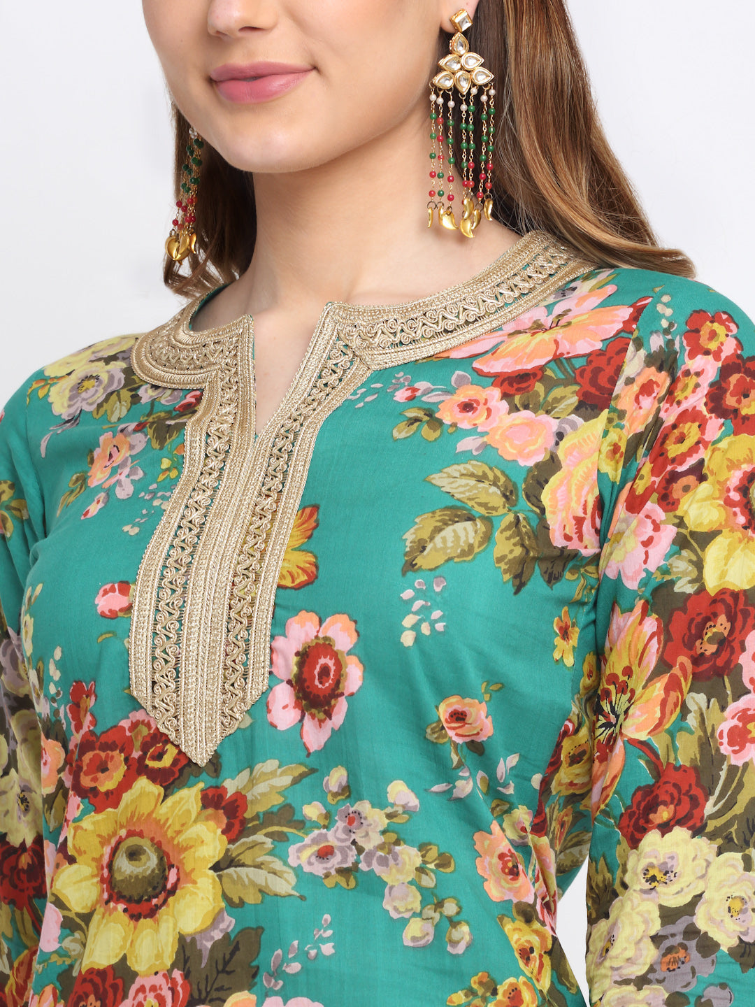 Women's Peacock Green Floral Kurti With Straight Palazzo And Dupatta