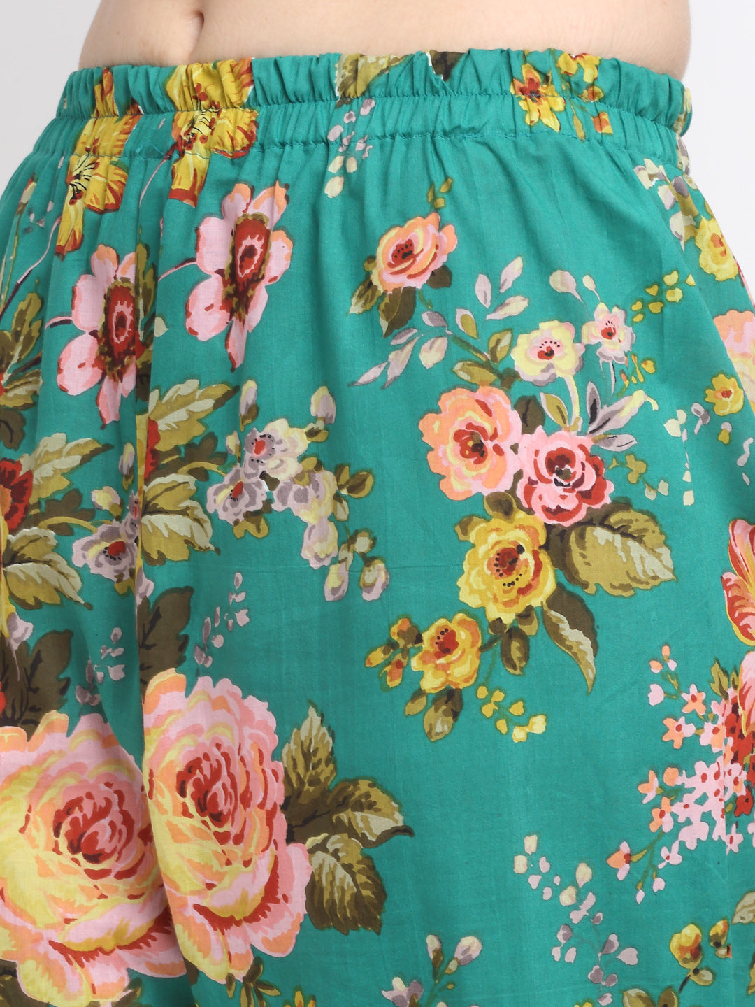 Women's Peacock Green Floral Kurti With Straight Palazzo And Dupatta