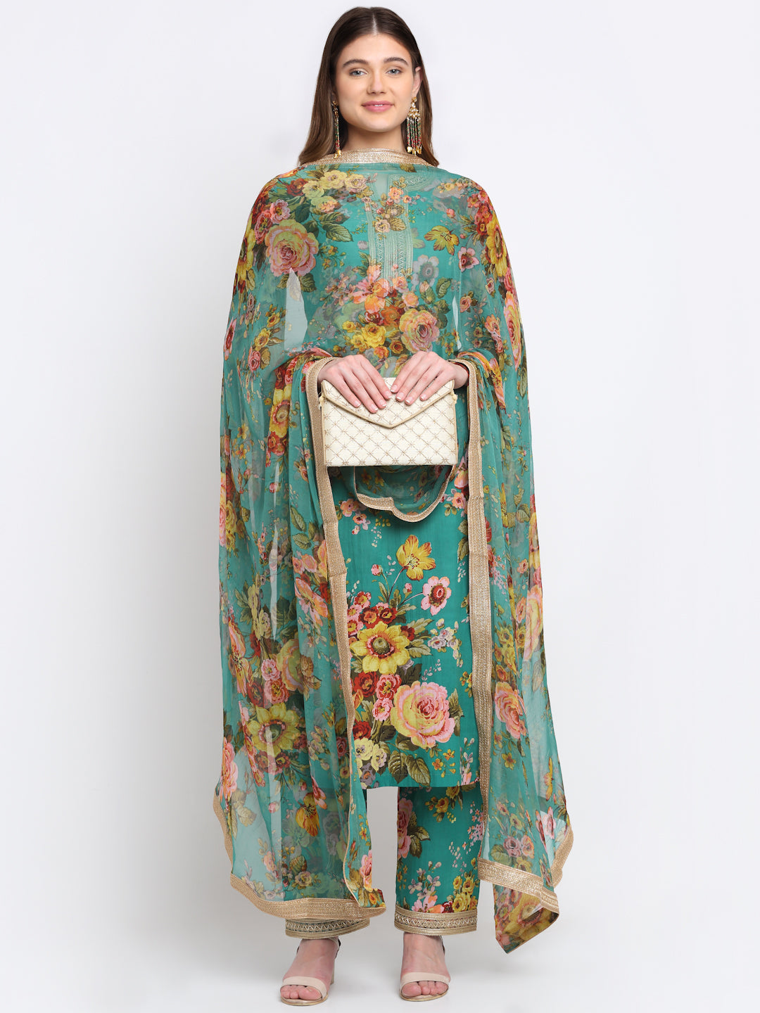 Women's Peacock Green Floral Kurti With Straight Palazzo And Dupatta