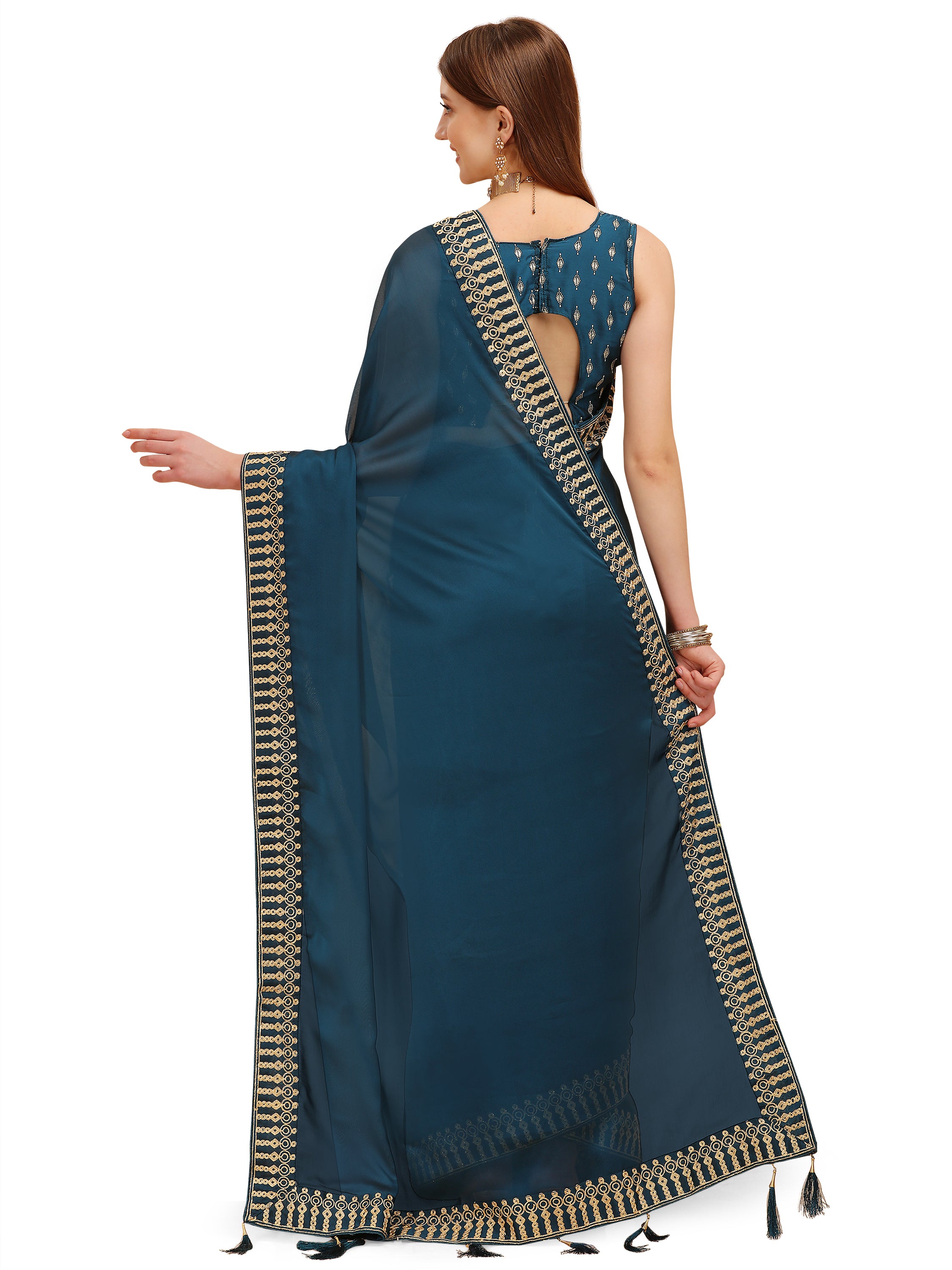 Women's Solid Pure Silk Sari Having Ahir Embroider Border With Blouse Piece (Blue) - NIMIDHYA