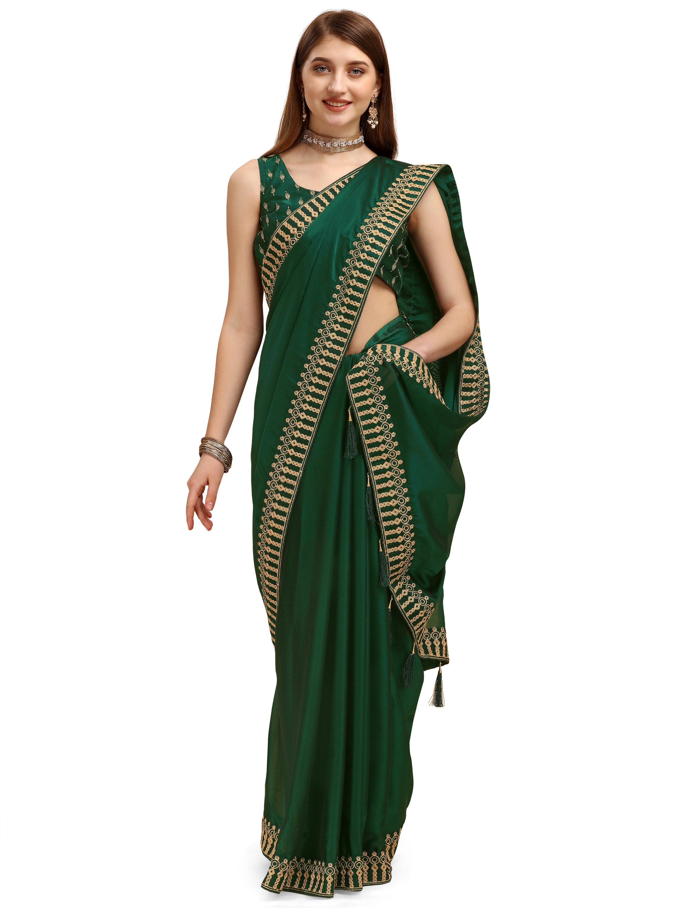 Women's Solid Pure Silk Sari Having Ahir Embroider Border With Blouse Piece (Green) - NIMIDHYA