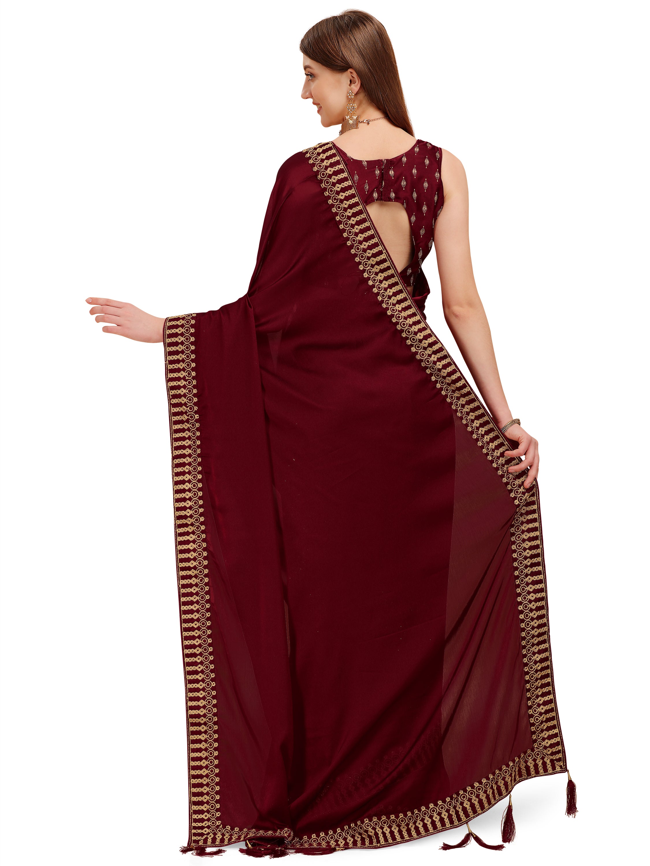 Women's Solid Pure Silk Sari Having Ahir Embroider Border With Blouse Piece (Maroon) - NIMIDHYA