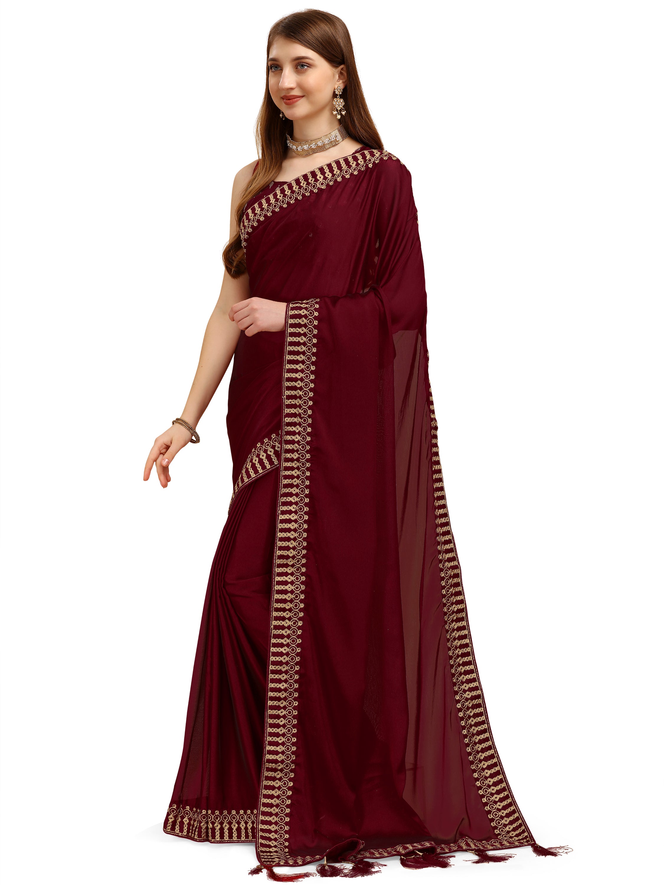 Women's Solid Pure Silk Sari Having Ahir Embroider Border With Blouse Piece (Maroon) - NIMIDHYA