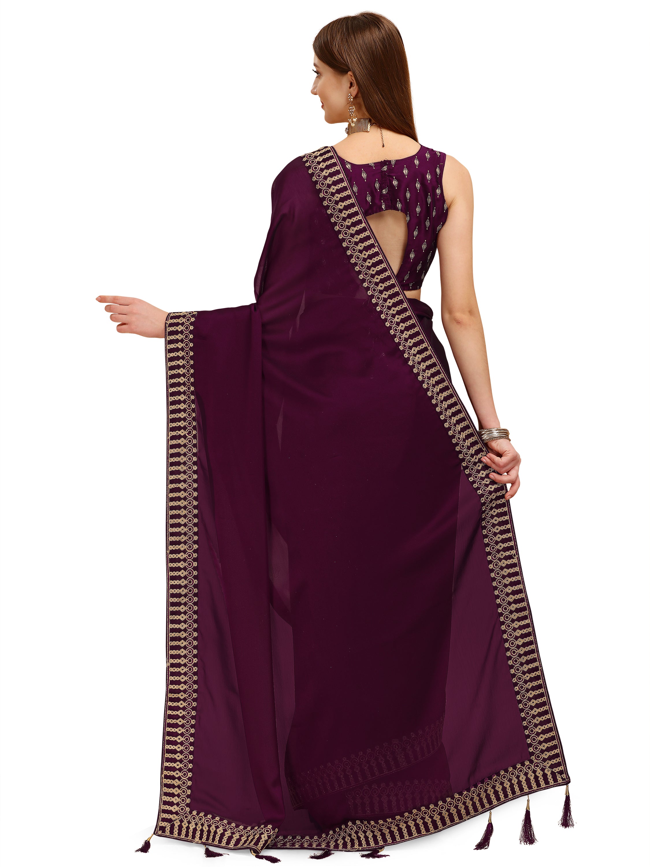 Women's Solid Pure Silk Sari Having Ahir Embroider Border With Blouse Piece (Purple) - NIMIDHYA