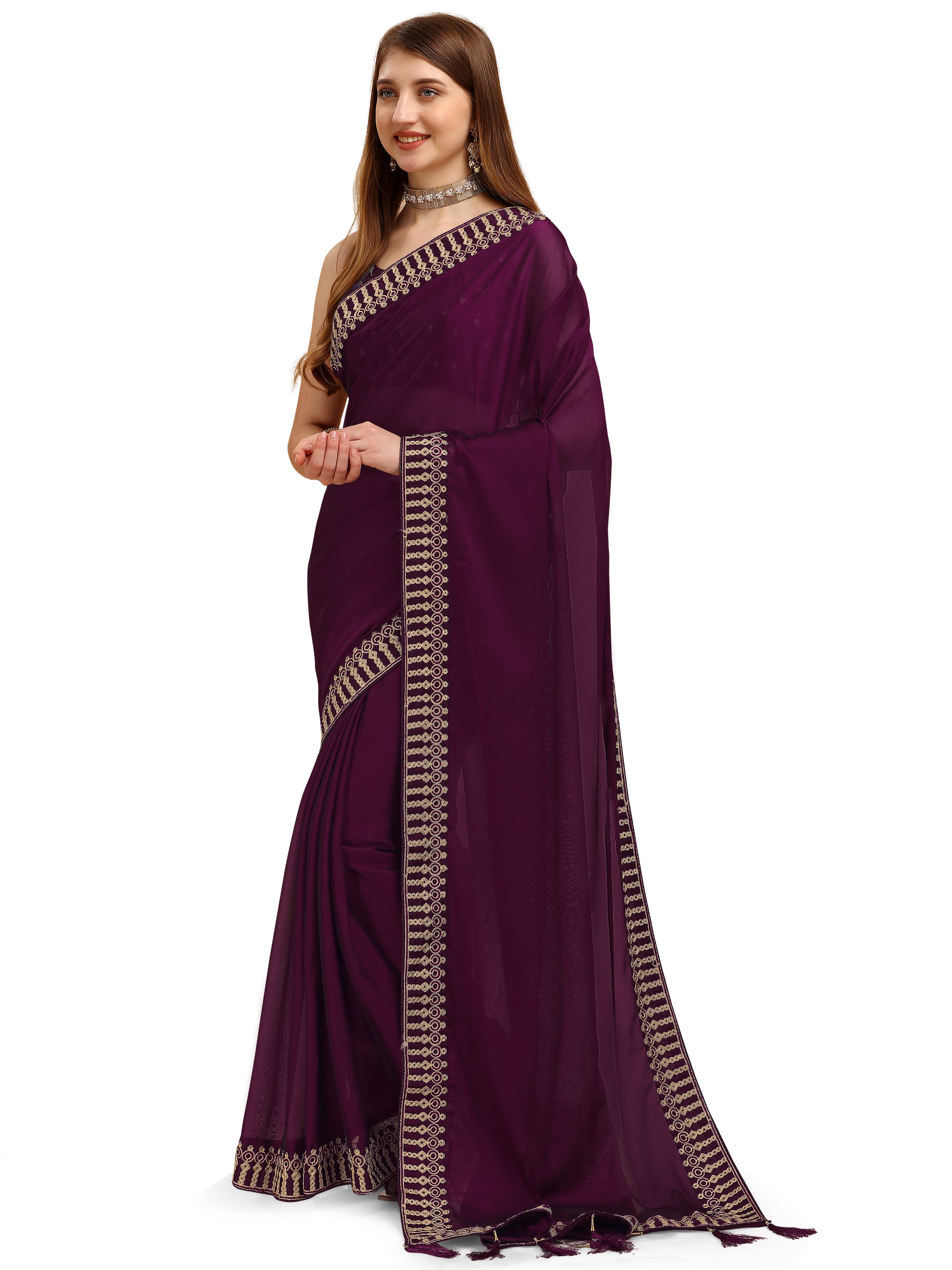 Women's Solid Pure Silk Sari Having Ahir Embroider Border With Blouse Piece (Purple) - NIMIDHYA