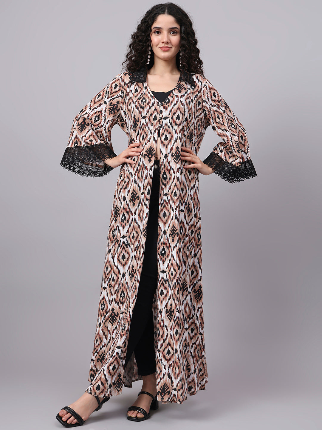 Women's Brown Color Printed Full Length Shrug S5002