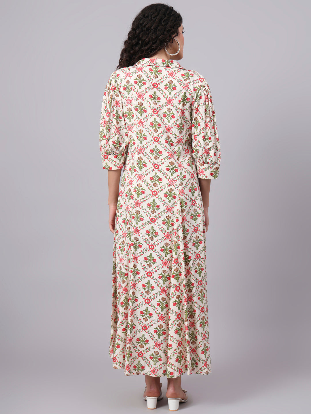 Women's Cream Color Dress With Red Flower Motif Midi Dress S3004-A