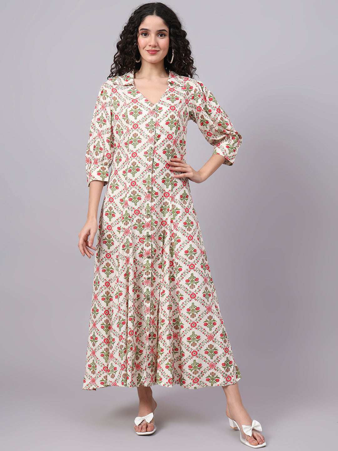 Women's Cream Color Dress With Red Flower Motif Midi Dress S3004-A