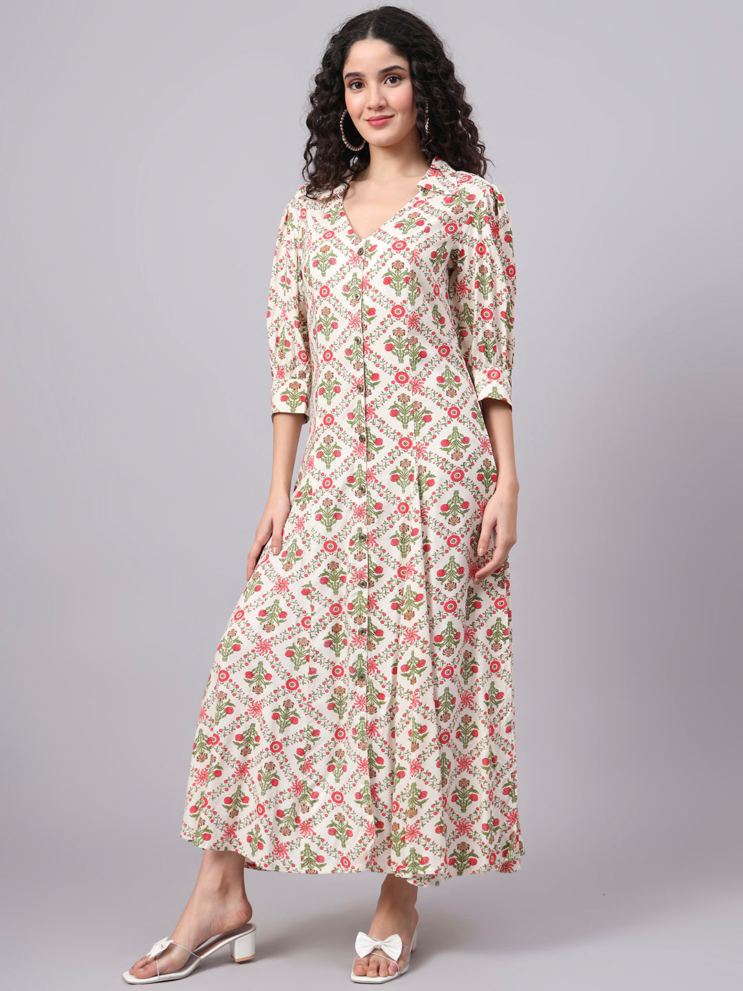 Women's Cream Color Dress With Red Flower Motif Midi Dress S3004-A