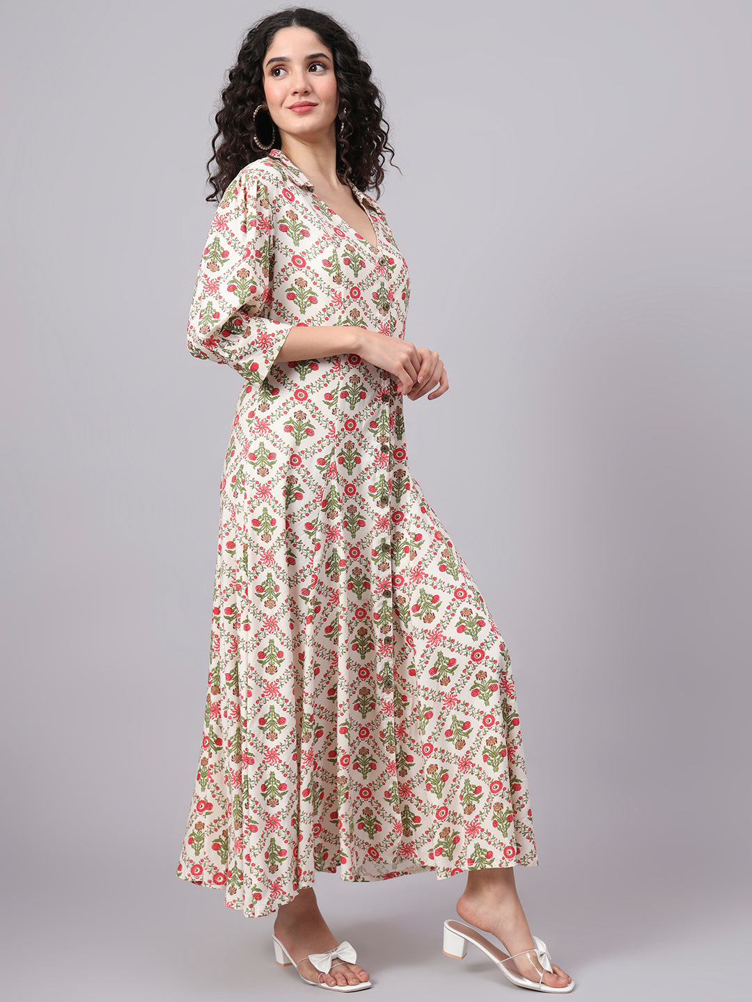 Women's Cream Color Dress With Red Flower Motif Midi Dress S3004-A