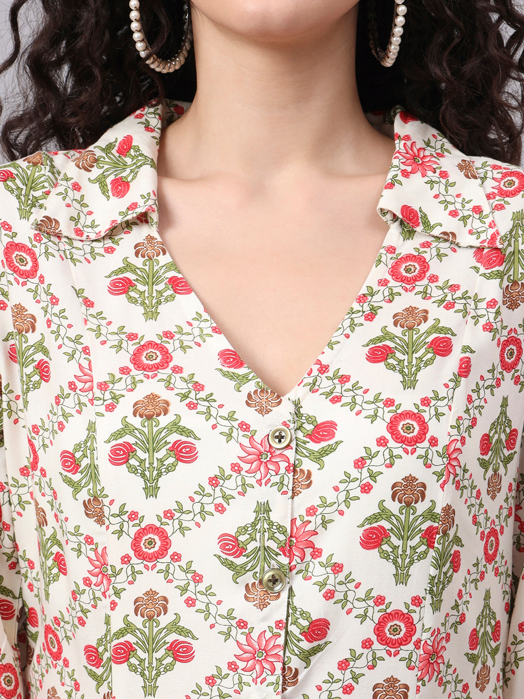 Women's Cream Color Dress With Red Flower Motif Midi Dress S3004-A