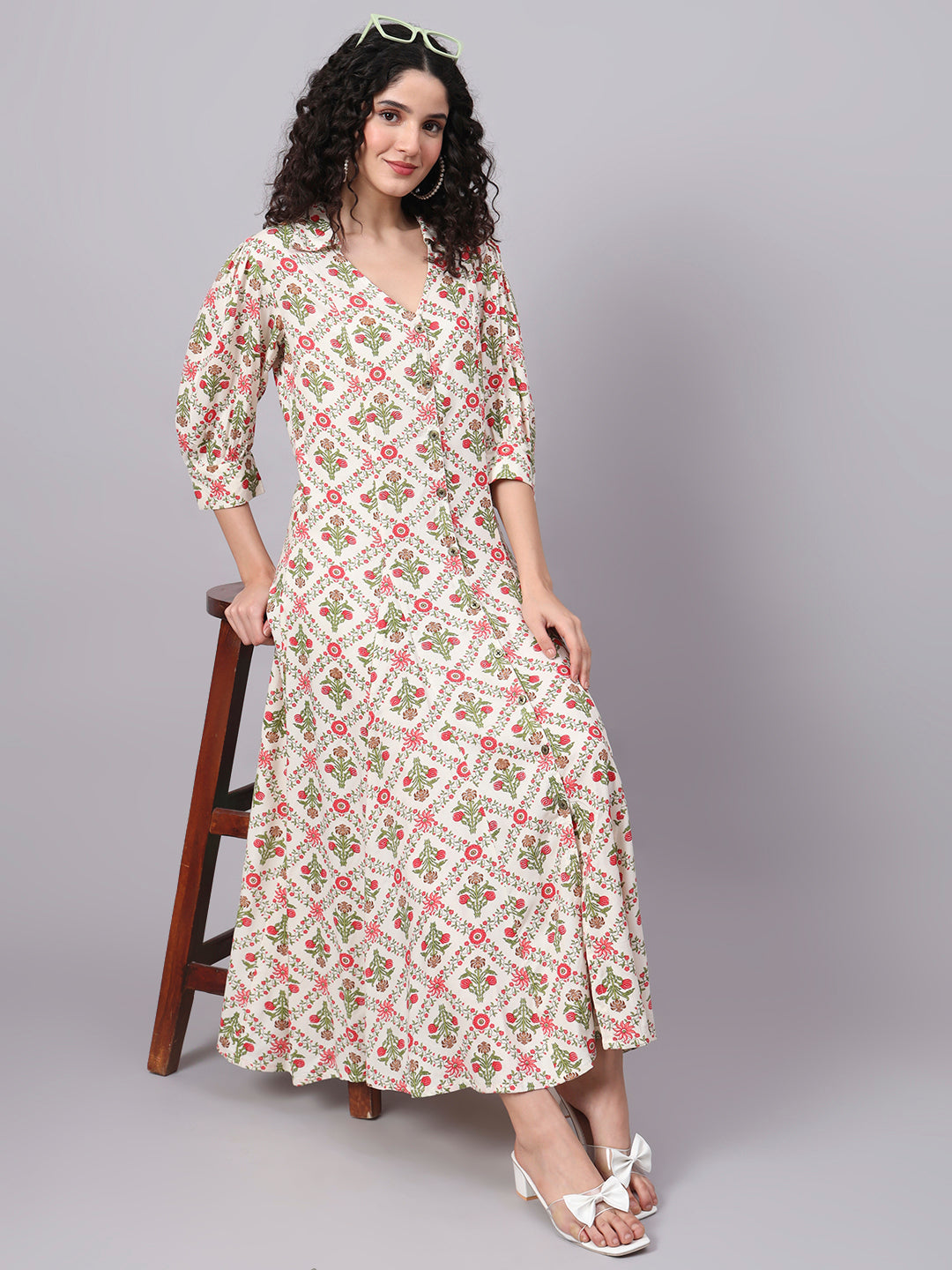 Women's Cream Color Dress With Red Flower Motif Midi Dress S3004-A