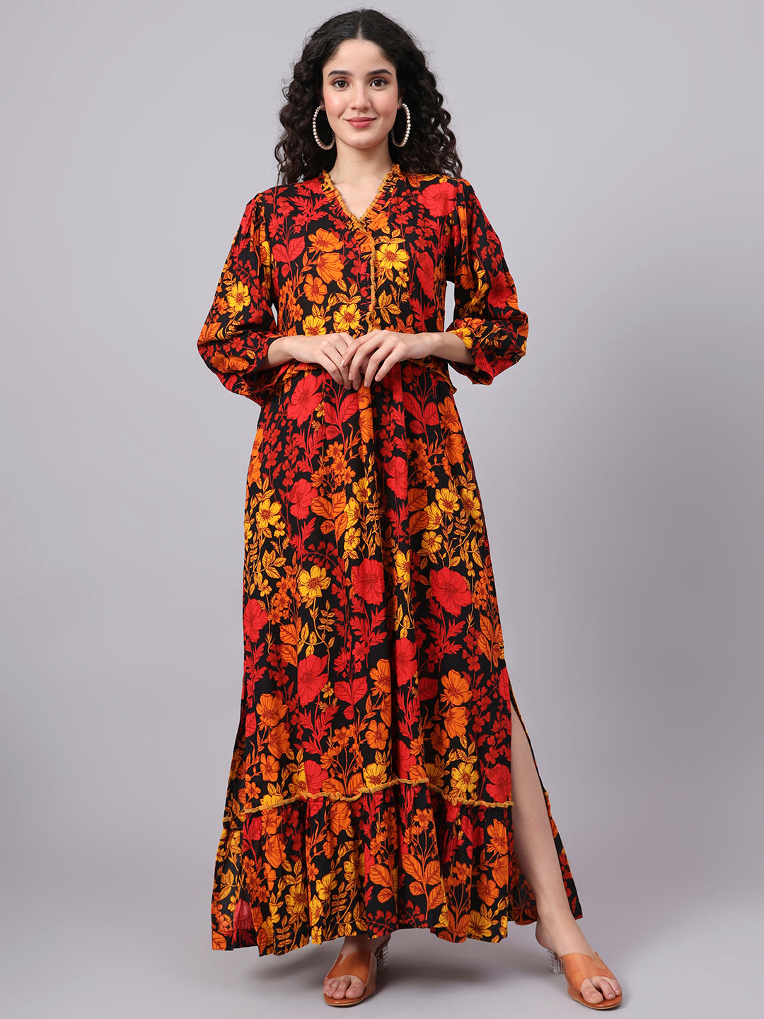 Women's Viscose Rayon Black Color Printed Full Length Dress S3000