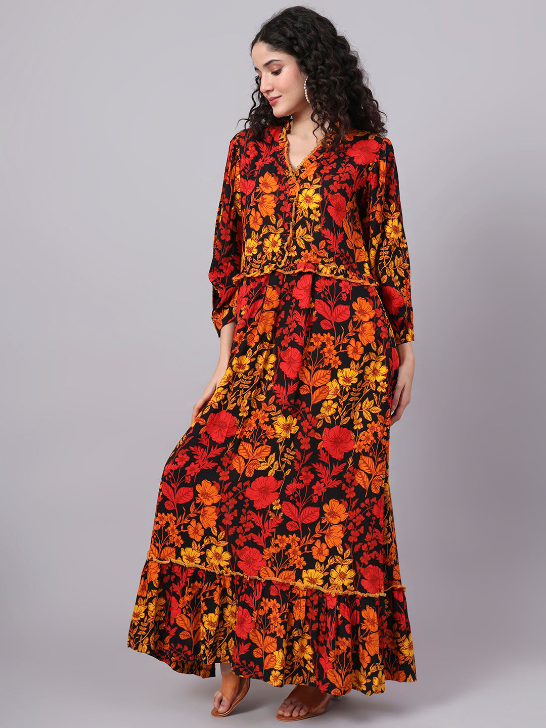 Women's Viscose Rayon Black Color Printed Full Length Dress S3000